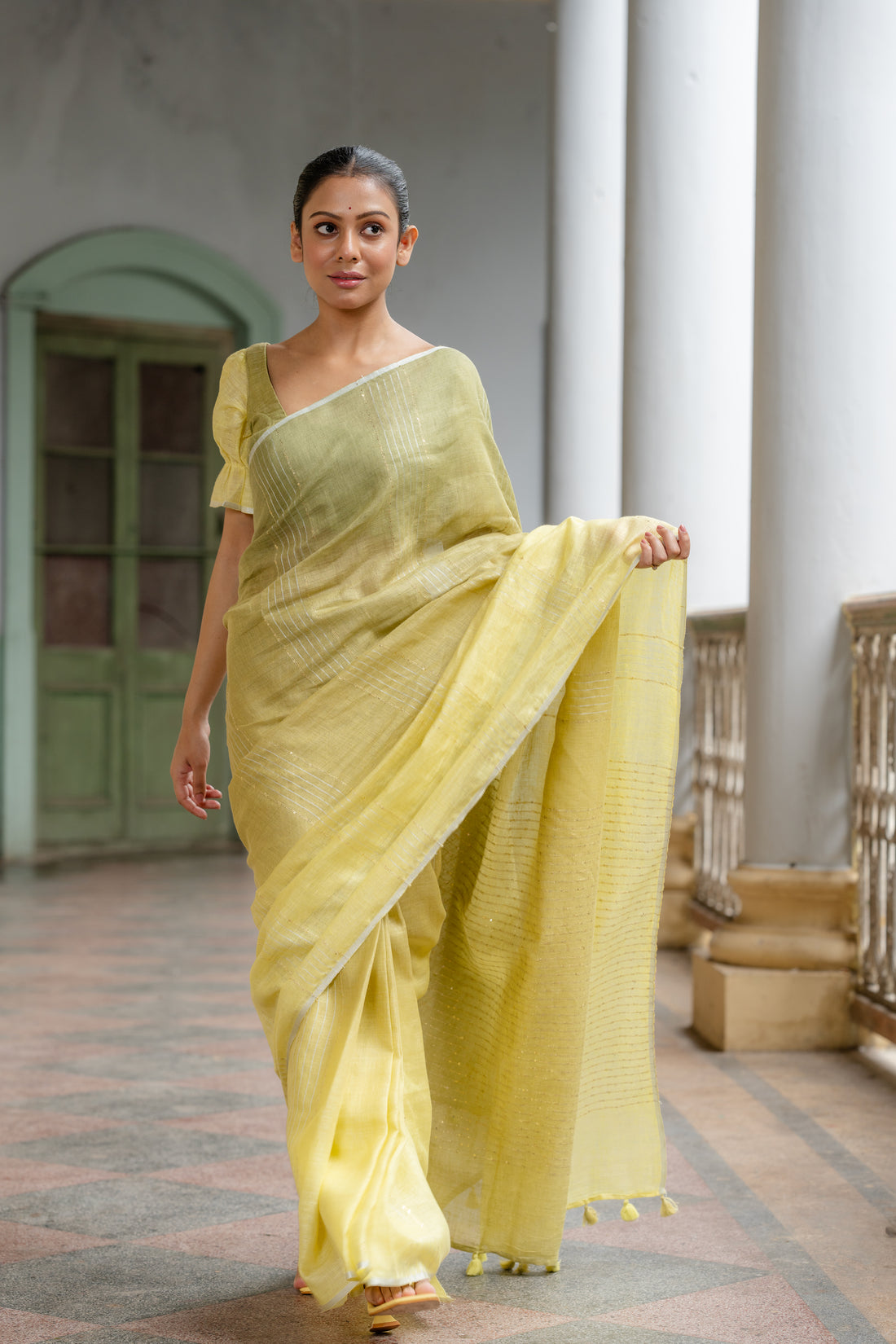 Citrus Charm Olive Ombre Linen Sari