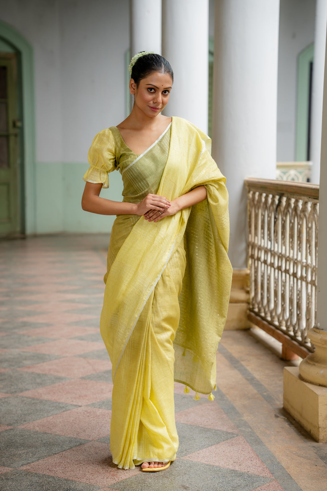 Citrus Charm Olive Ombre Linen Sari