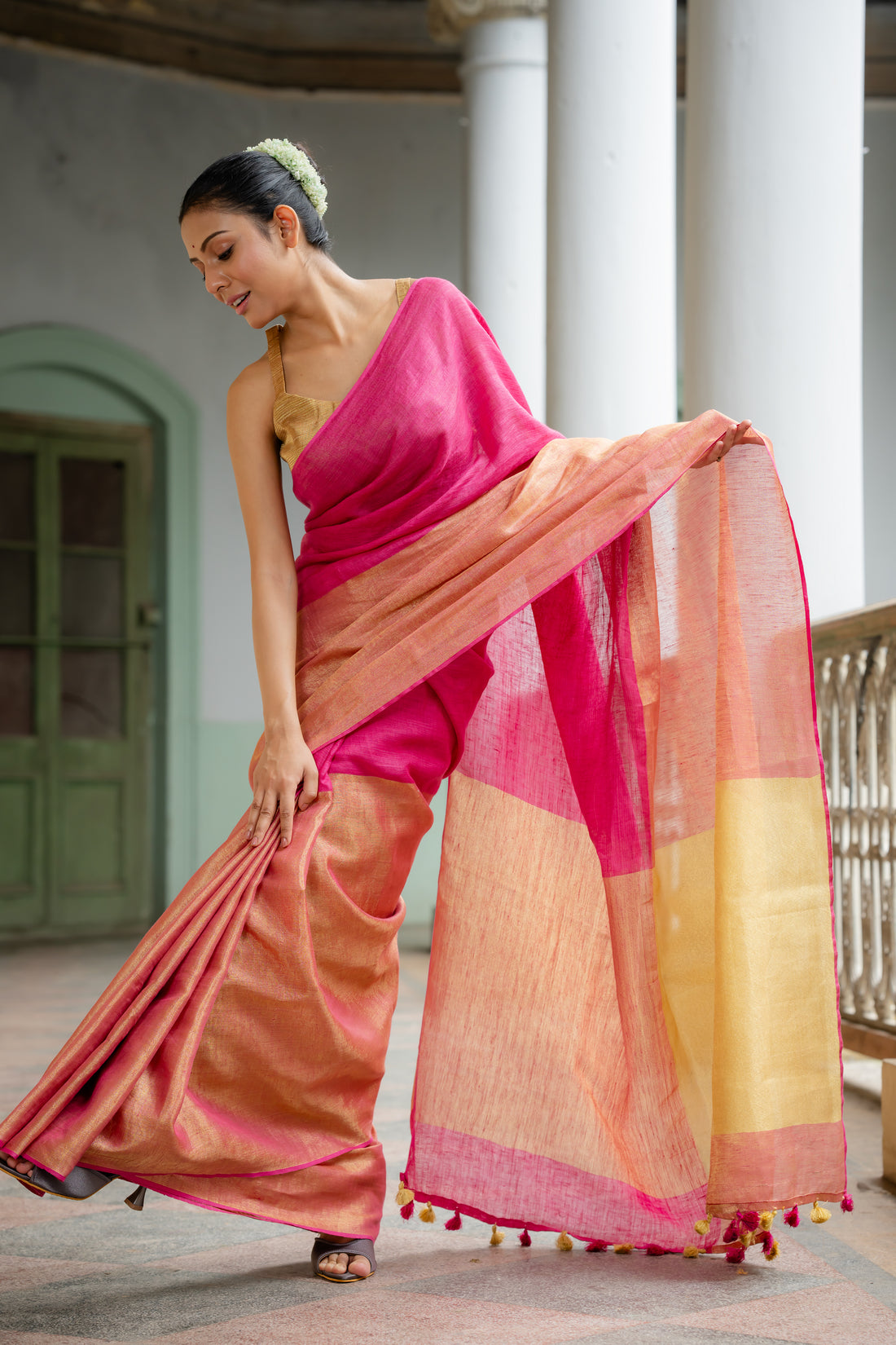 Fuschia Fantasy Linen Sari