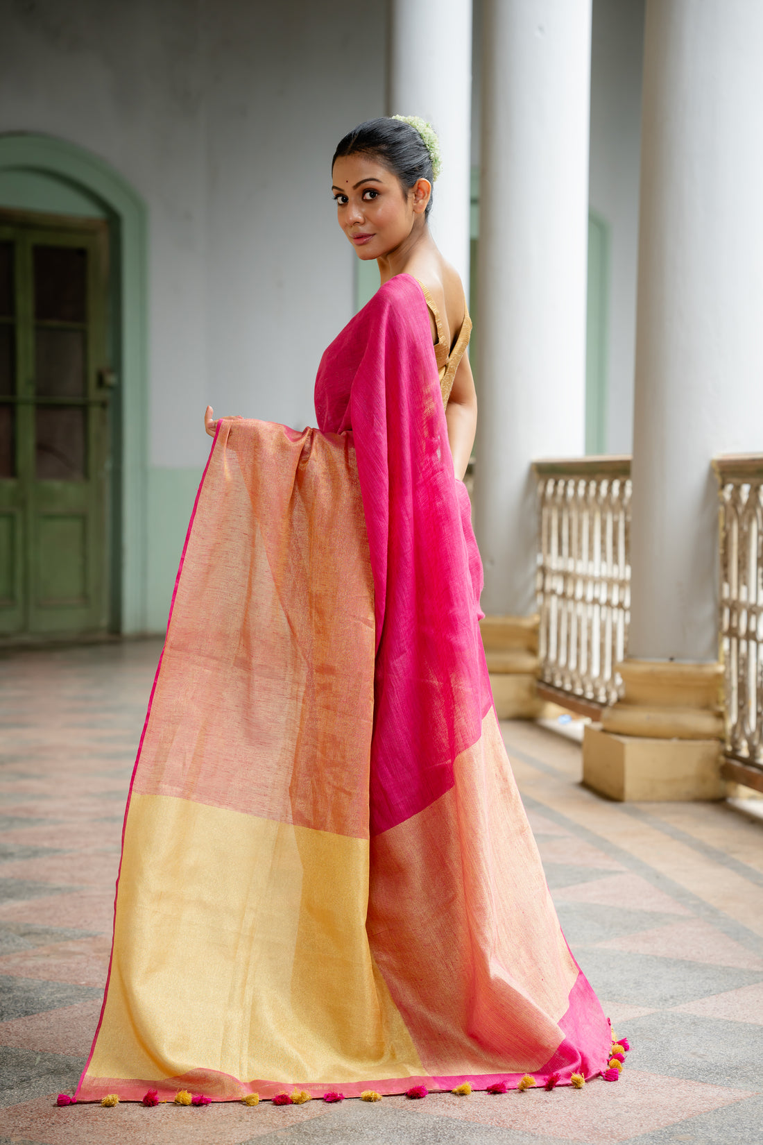 Fuschia Fantasy Linen Sari