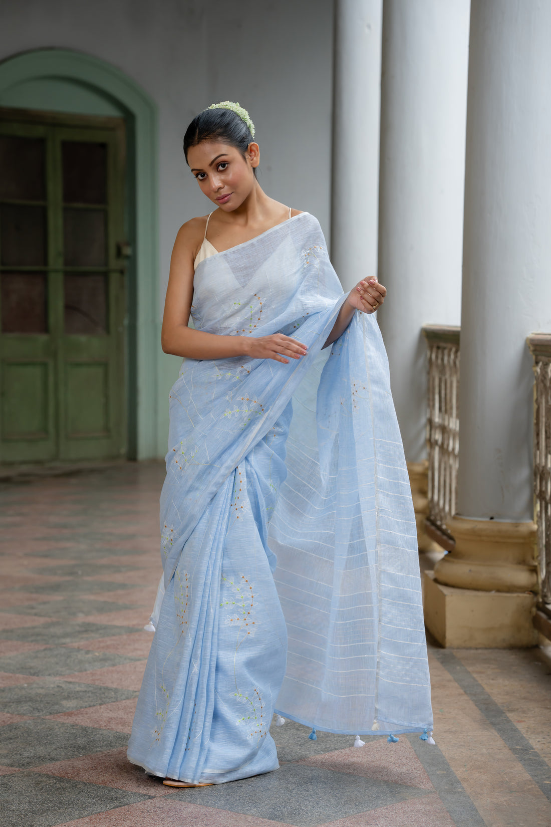 Celestial Beauty Powder Blue Embroidered Linen Sari