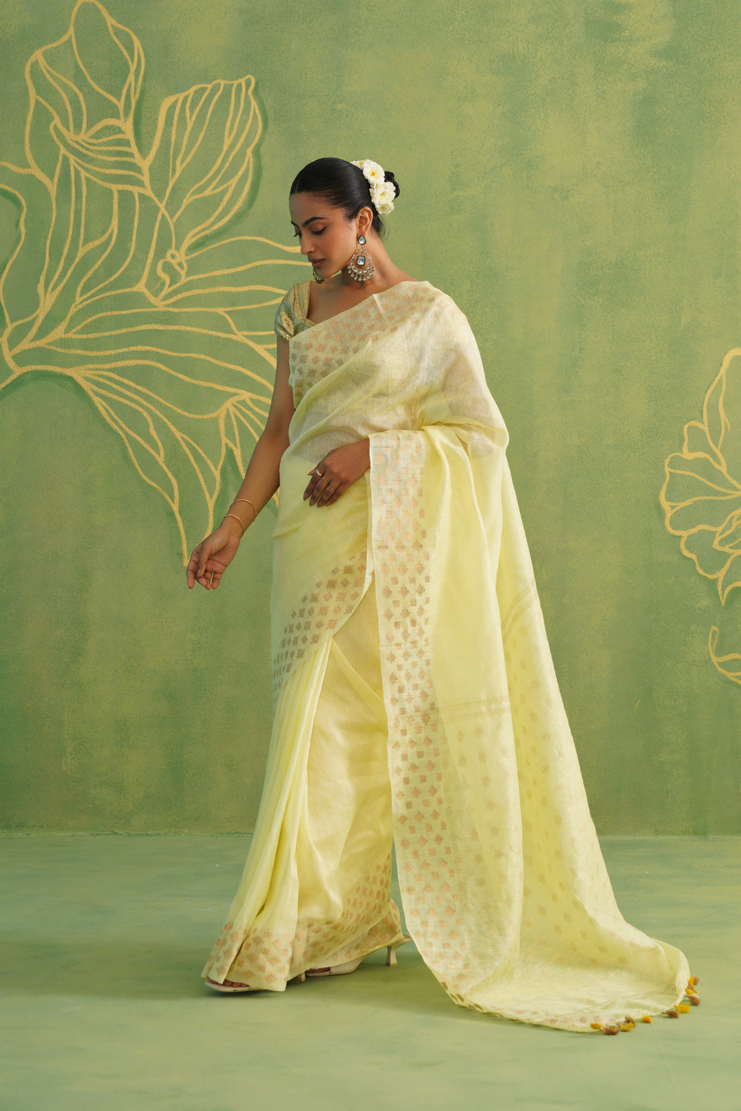 Lime Yellow Linen Silk Saree with Golden Motifs