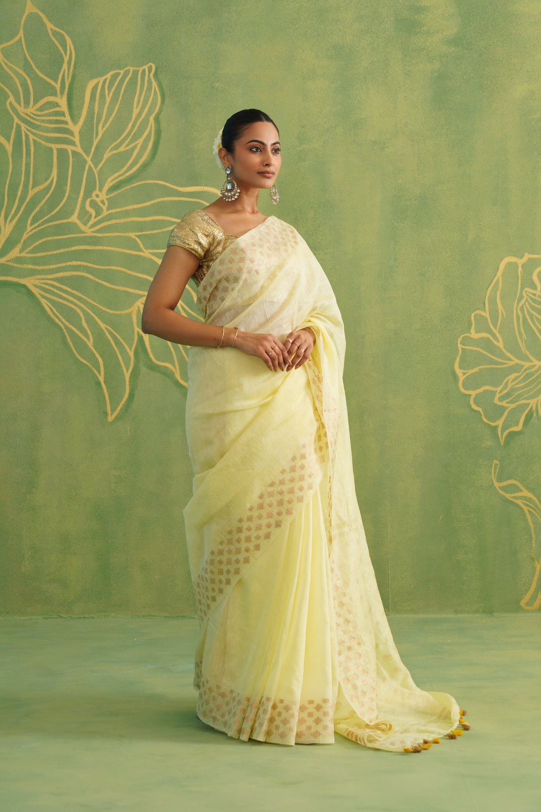 Lime Yellow Linen Silk Saree with Golden Motifs