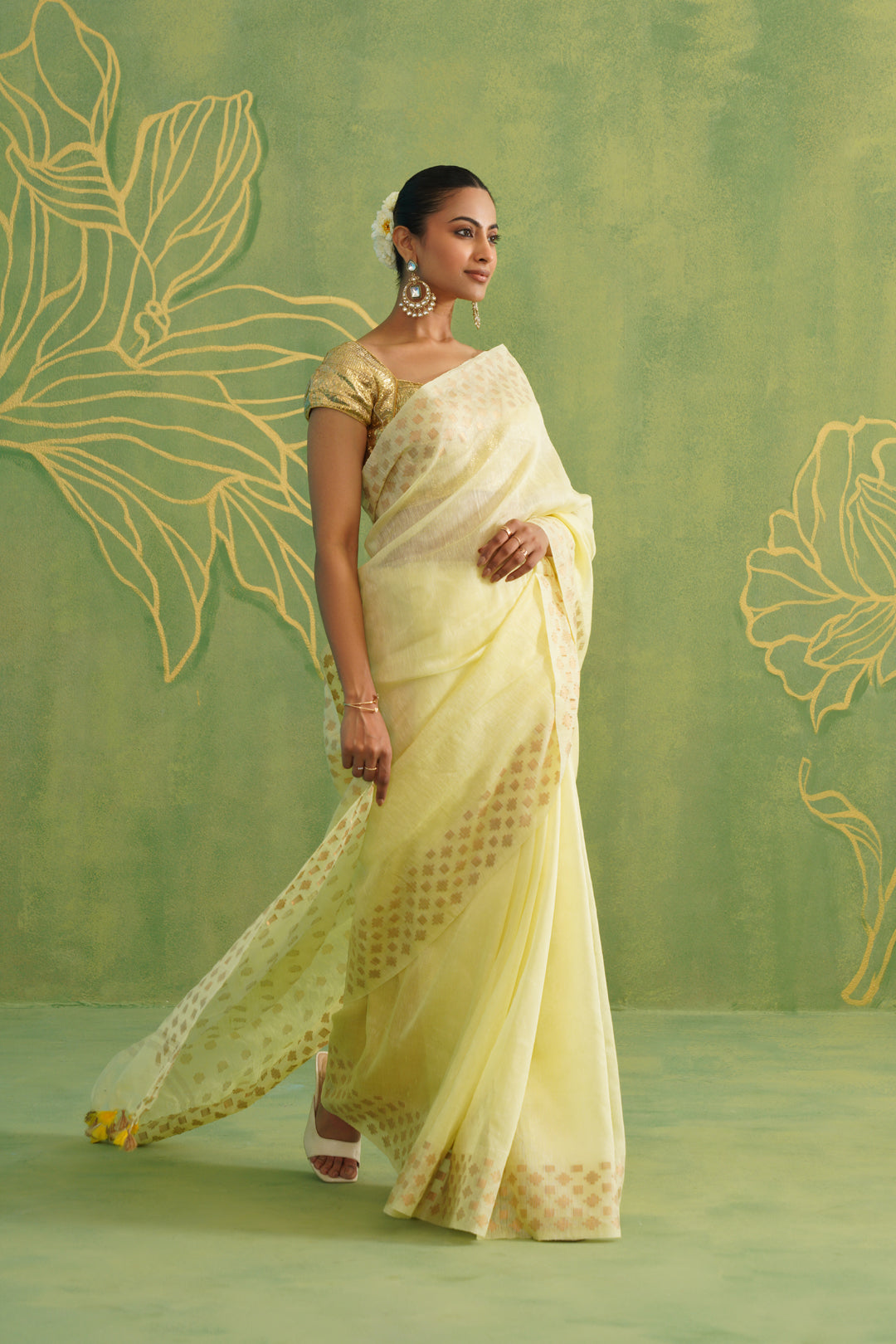 Lime Yellow Linen Silk Saree with Golden Motifs