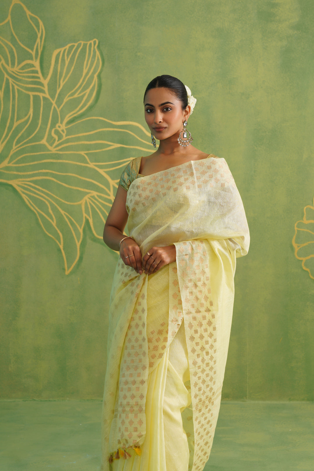 Lime Yellow Linen Silk Saree with Golden Motifs