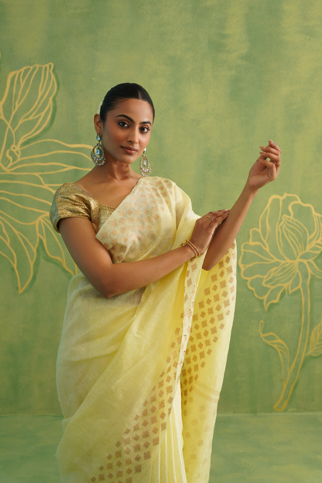 Lime Yellow Linen Silk Saree with Golden Motifs