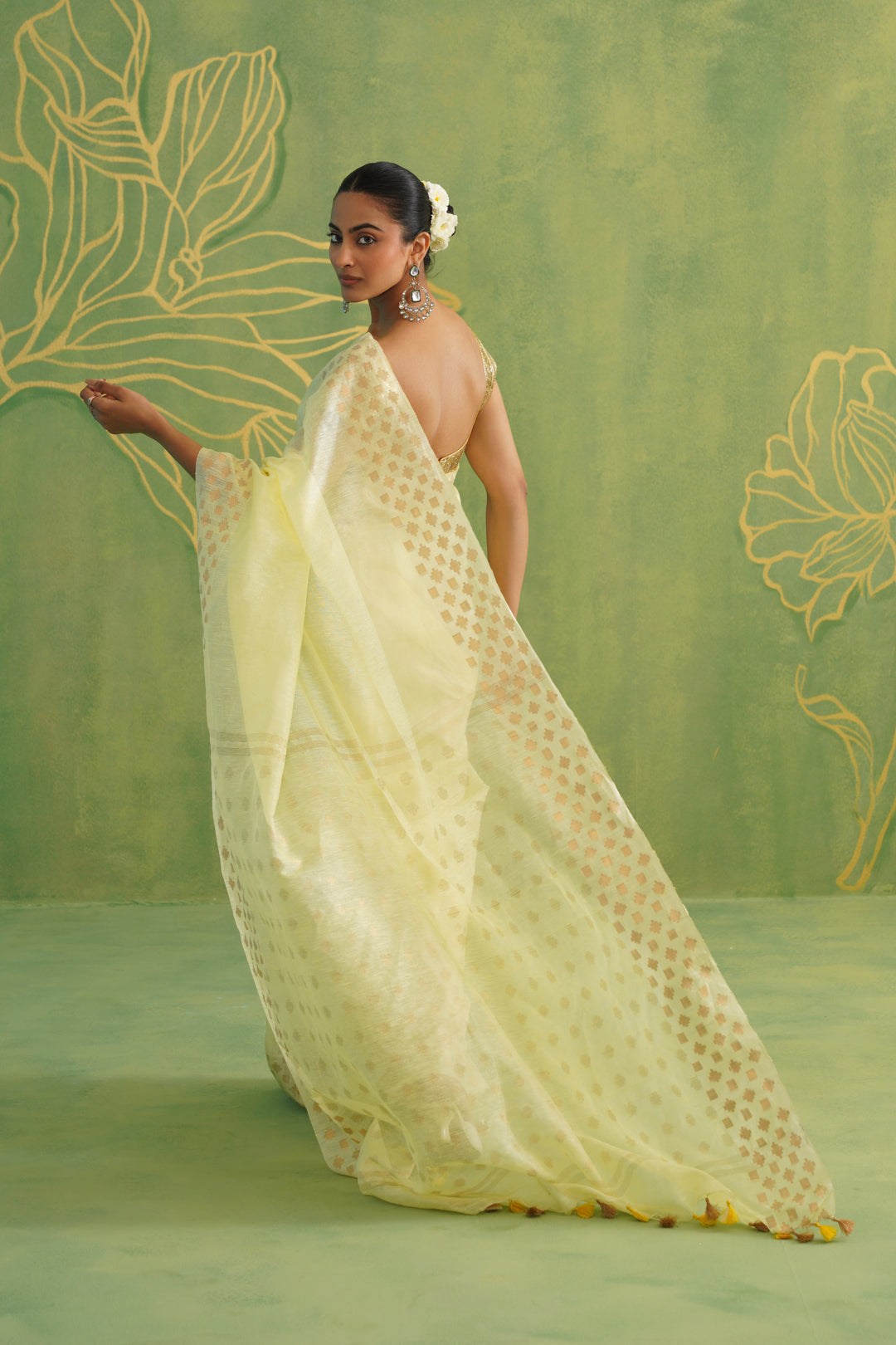Lime Yellow Linen Silk Saree with Golden Motifs