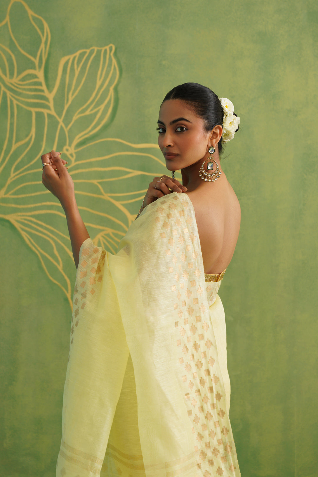 Lime Yellow Linen Silk Saree with Golden Motifs