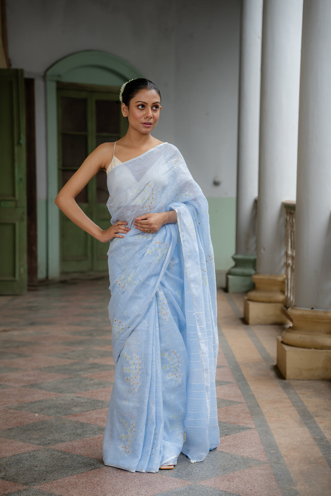 Celestial Beauty Powder Blue Embroidered Linen Sari