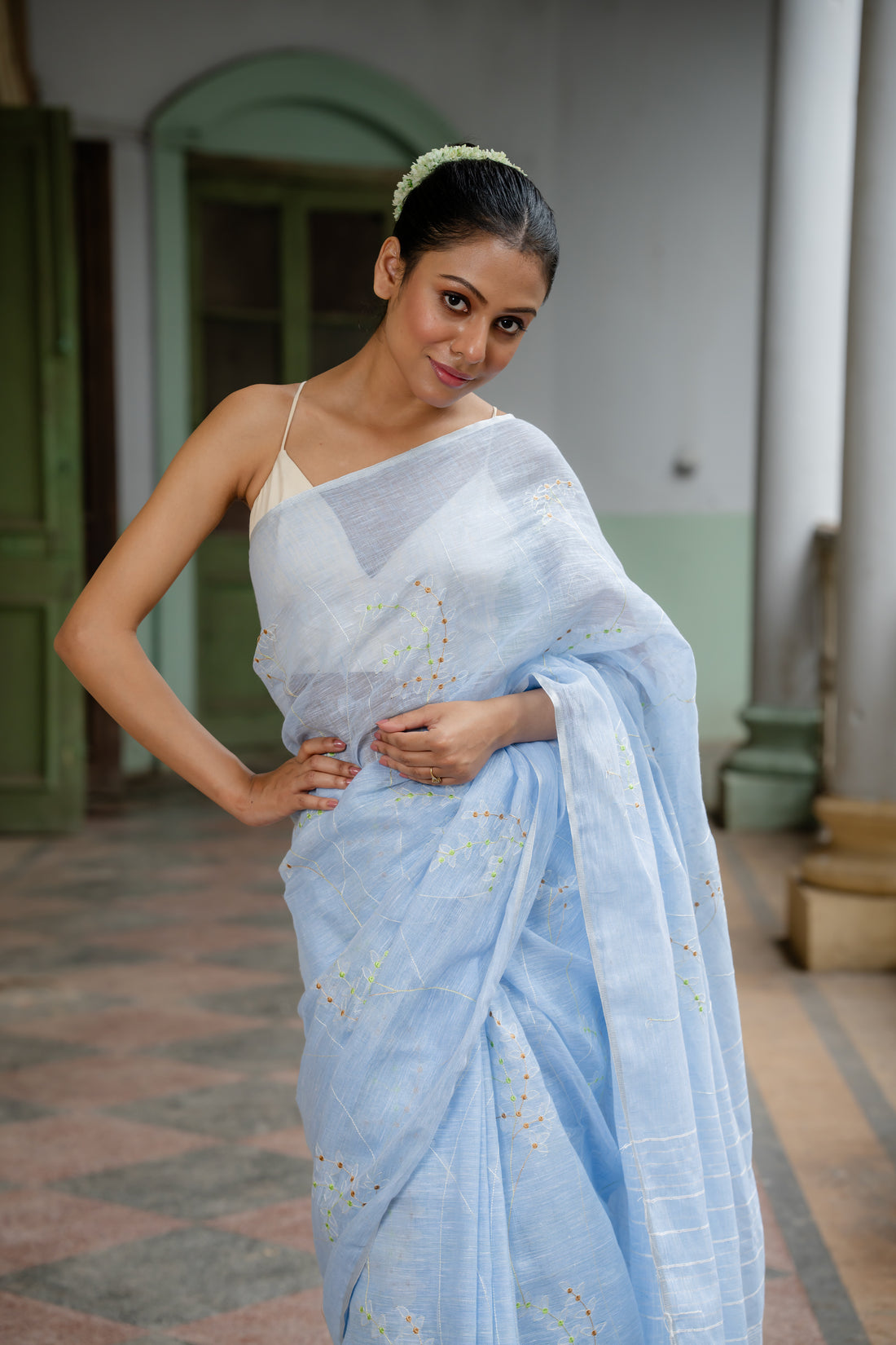 Celestial Beauty Powder Blue Embroidered Linen Sari