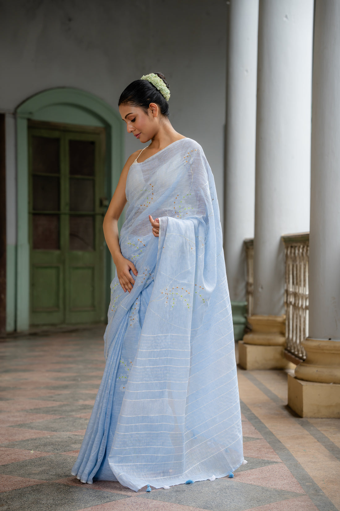 Celestial Beauty Powder Blue Embroidered Linen Sari