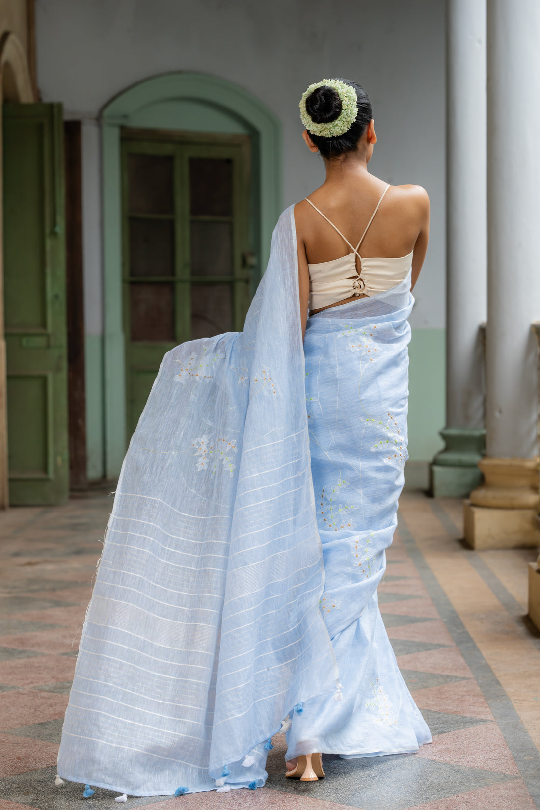 Celestial Beauty Powder Blue Embroidered Linen Sari