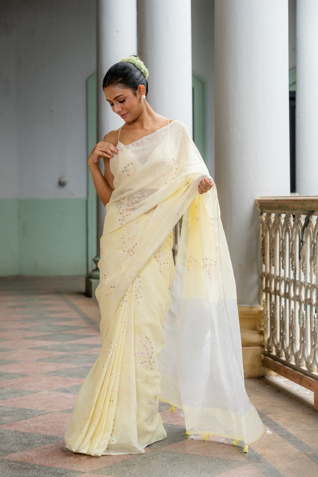 Pastel Sunshine Embroidered Linen Sari