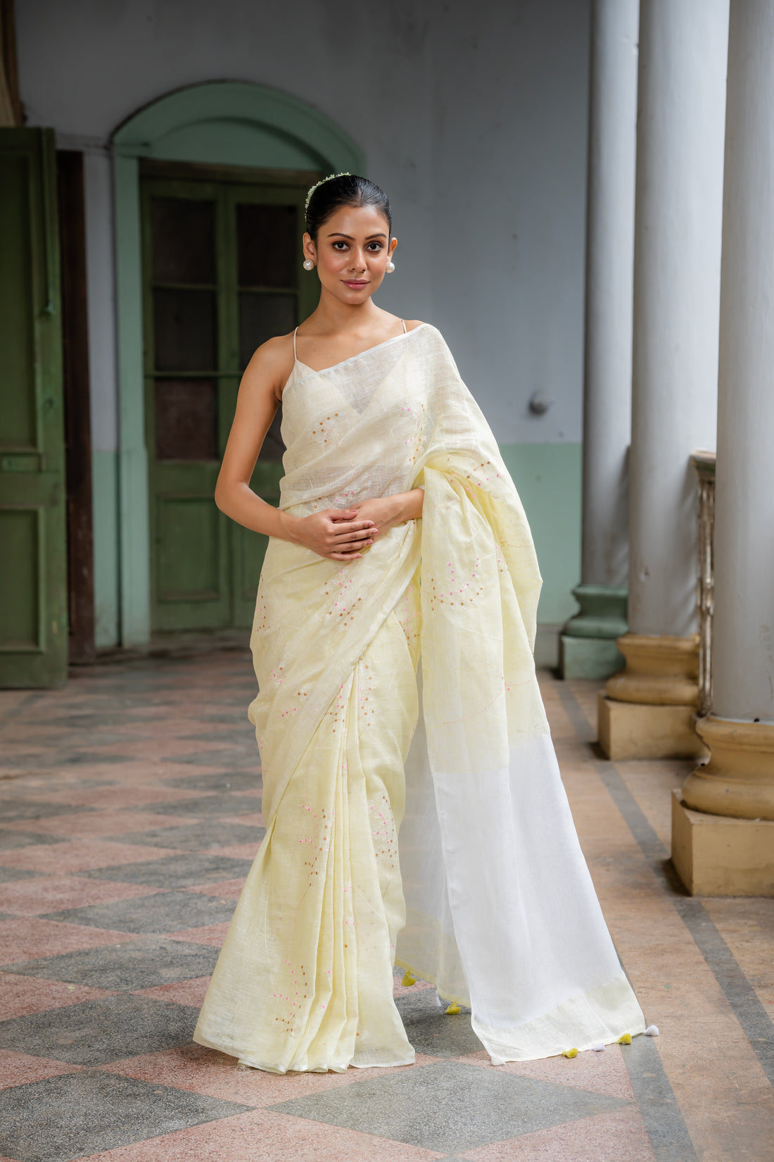 Pastel Sunshine Embroidered Linen Sari