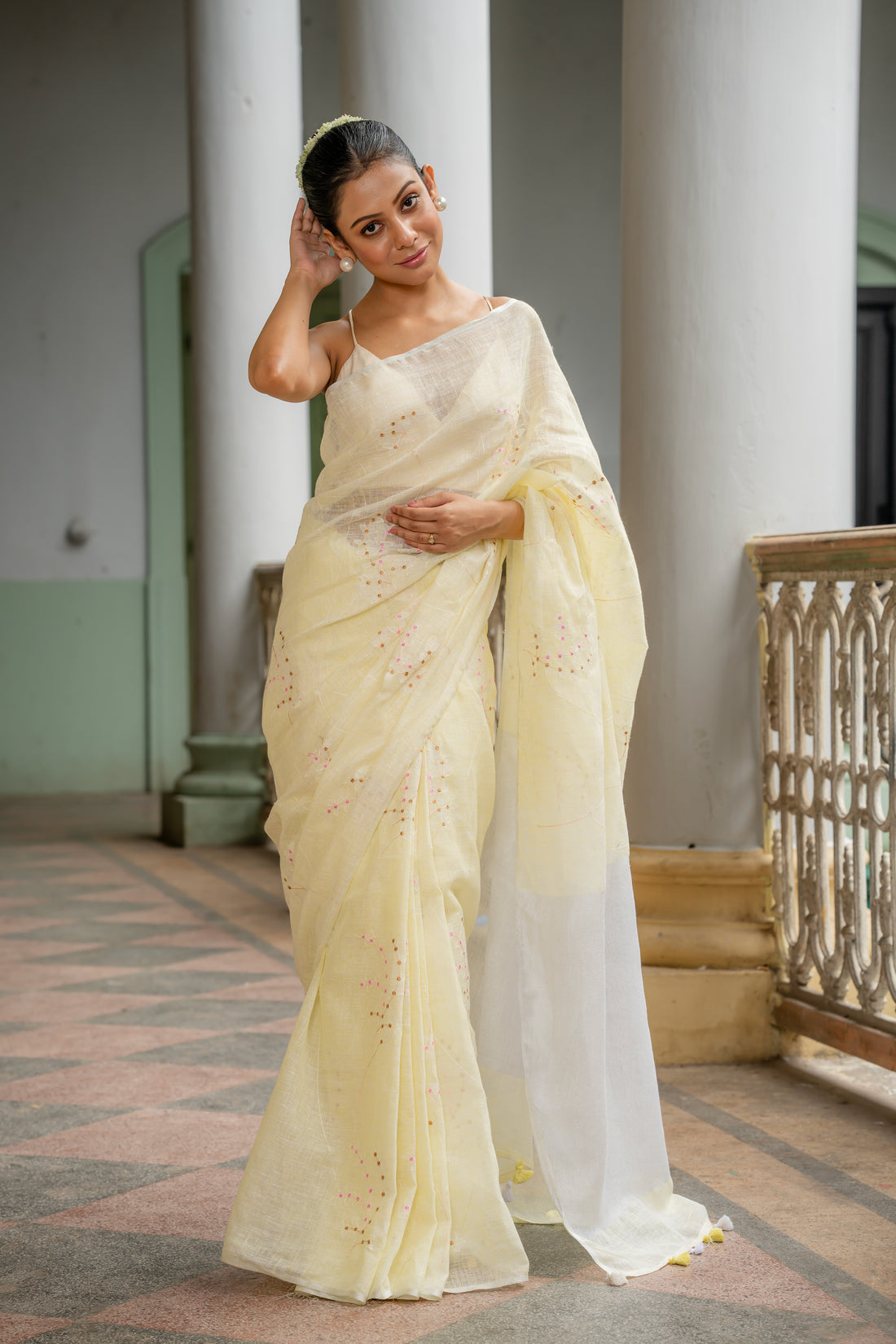 Pastel Sunshine Embroidered Linen Sari