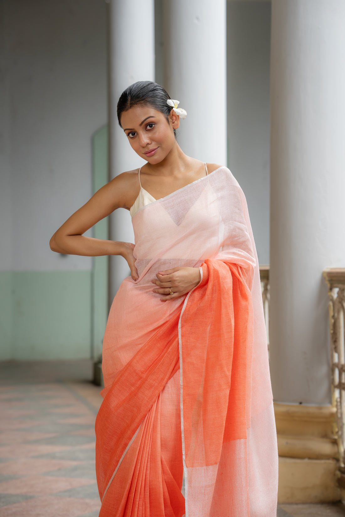 Saffron Sunshine Ombre Linen Sari