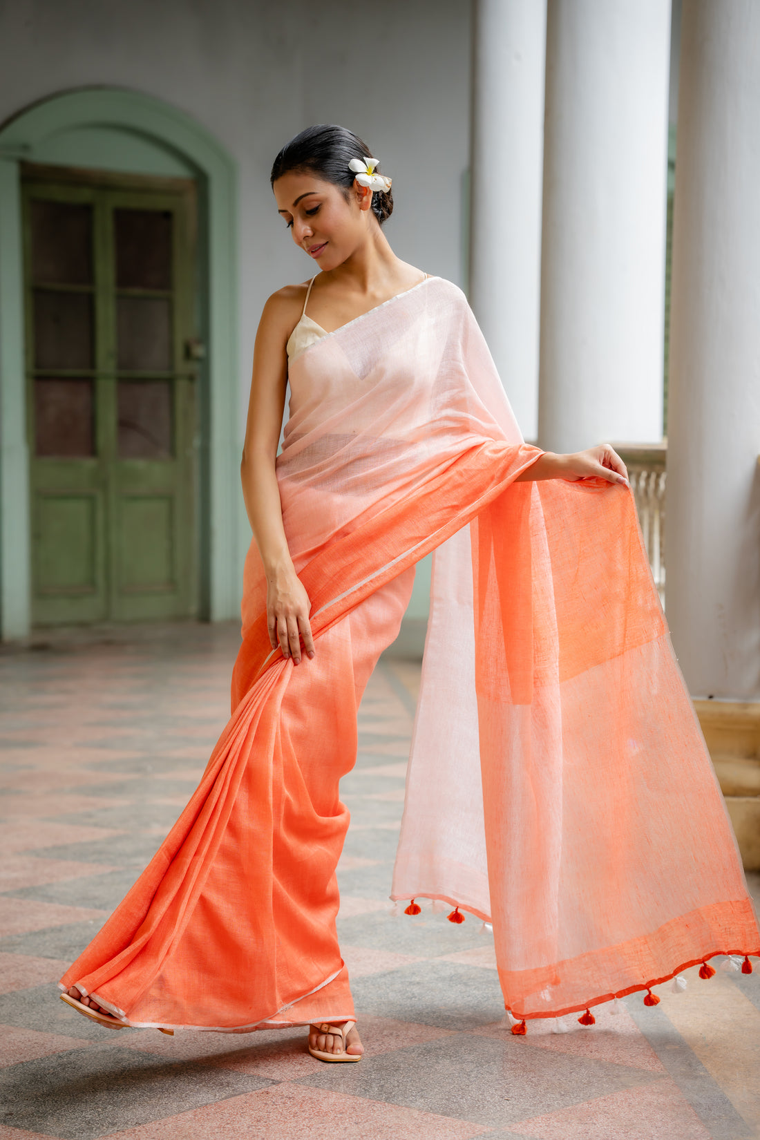 Saffron Sunshine Ombre Linen Sari