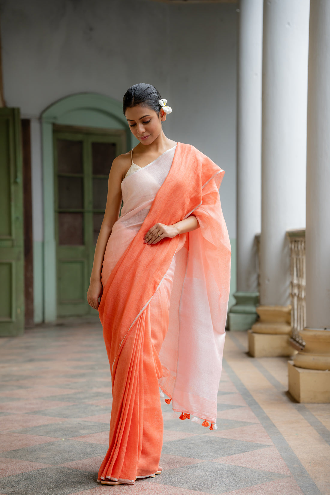 Saffron Sunshine Ombre Linen Sari