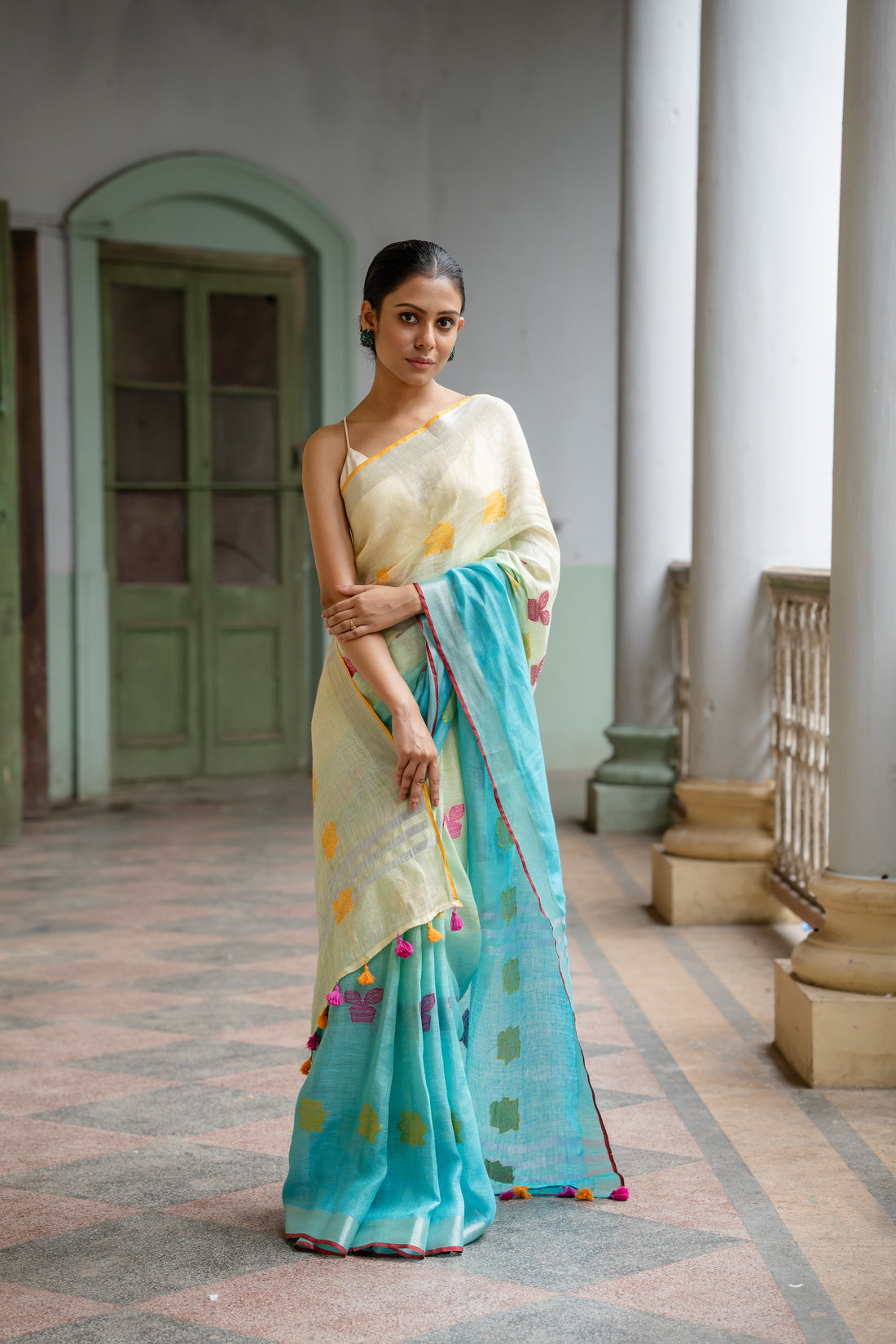 Ocean Breeze Jamdani Linen Sari