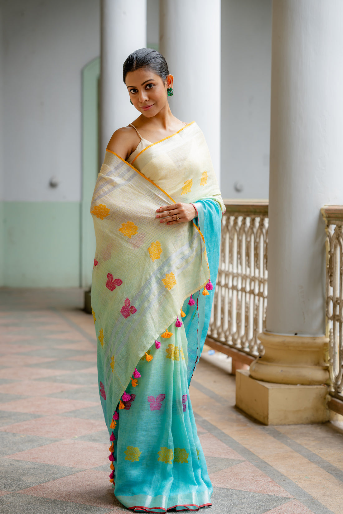 Ocean Breeze Jamdani Linen Sari