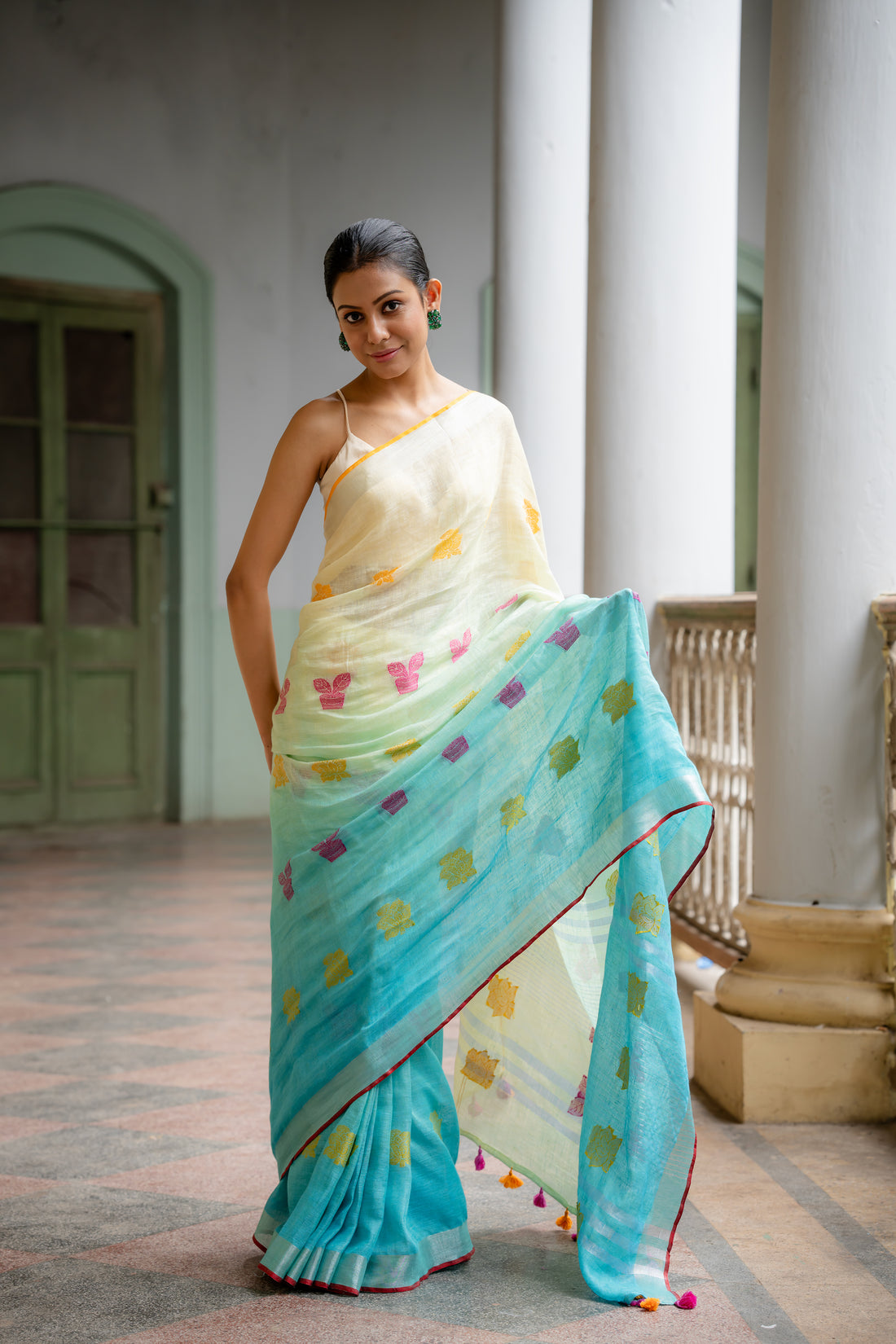 Ocean Breeze Jamdani Linen Sari