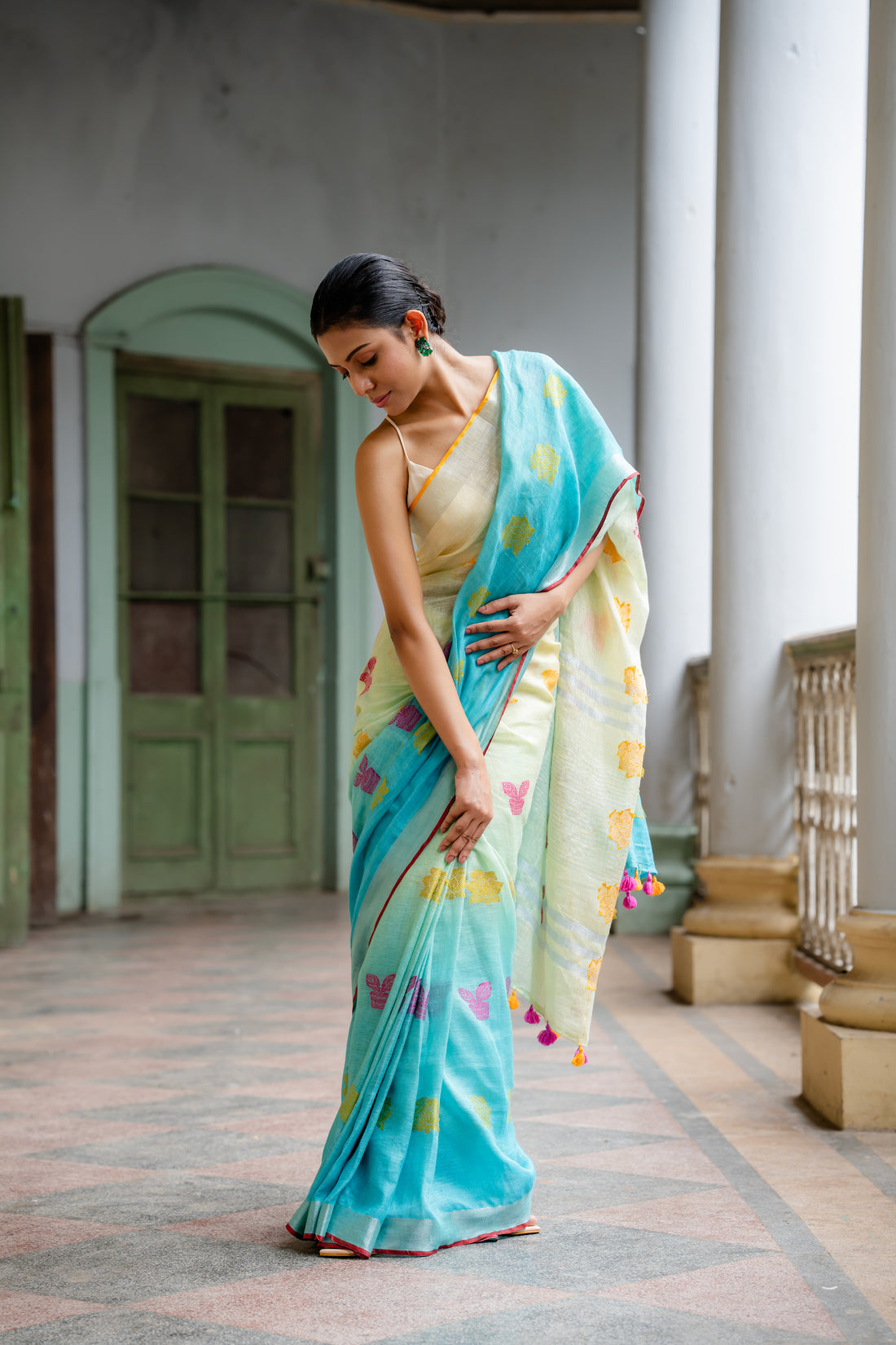 Ocean Breeze Jamdani Linen Sari