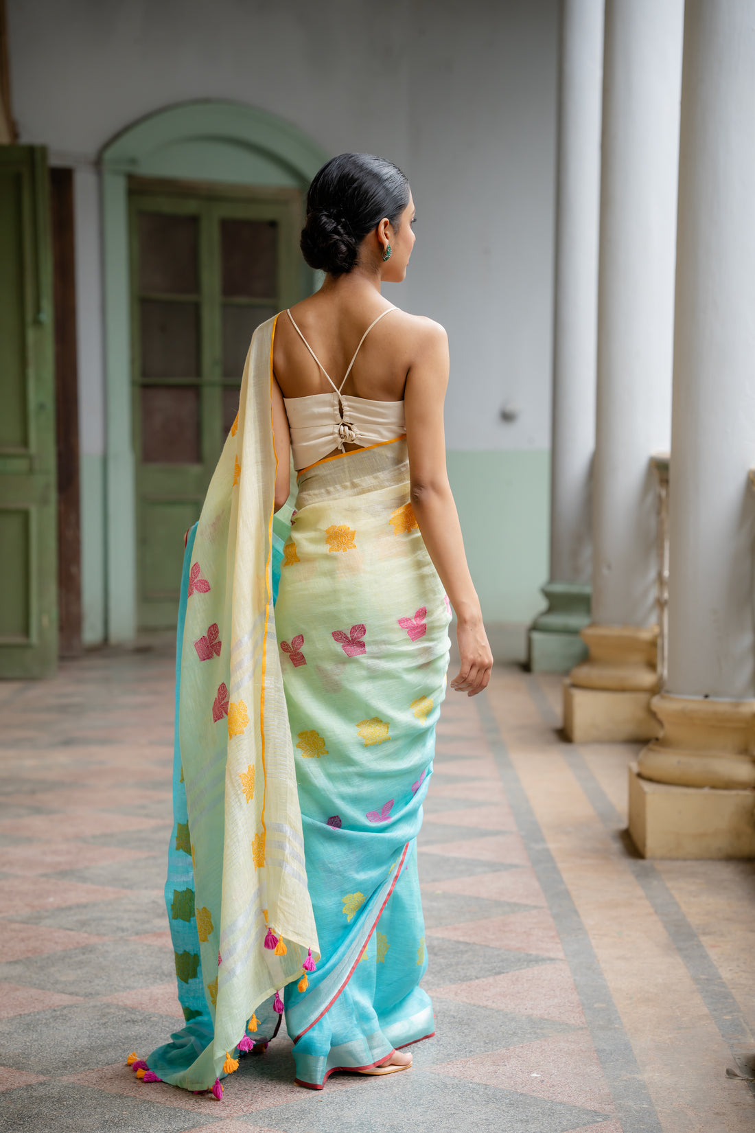 Ocean Breeze Jamdani Linen Sari