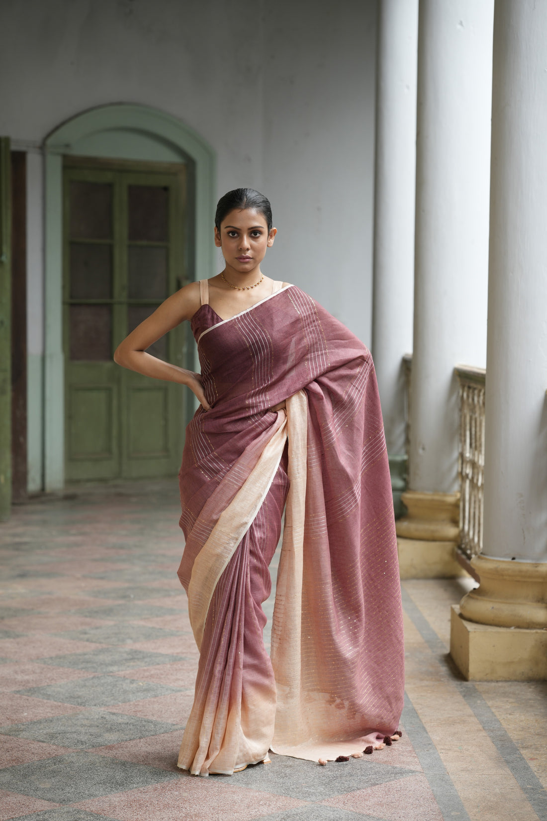 Ramya Beige Coffee  Ombre Linen Sari