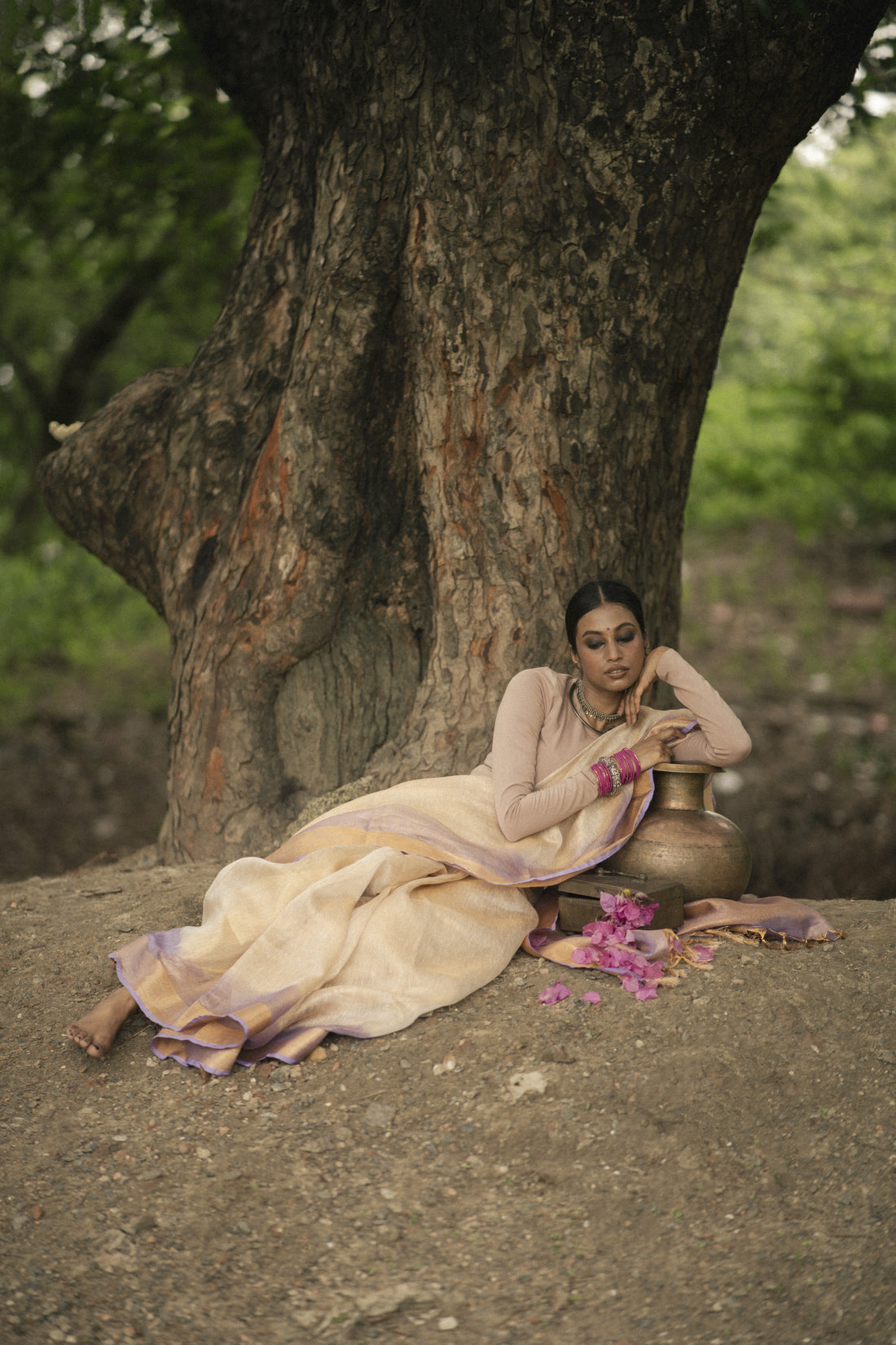 Chakori Beige & Lavender Tie Dye Tissue Linen Sari