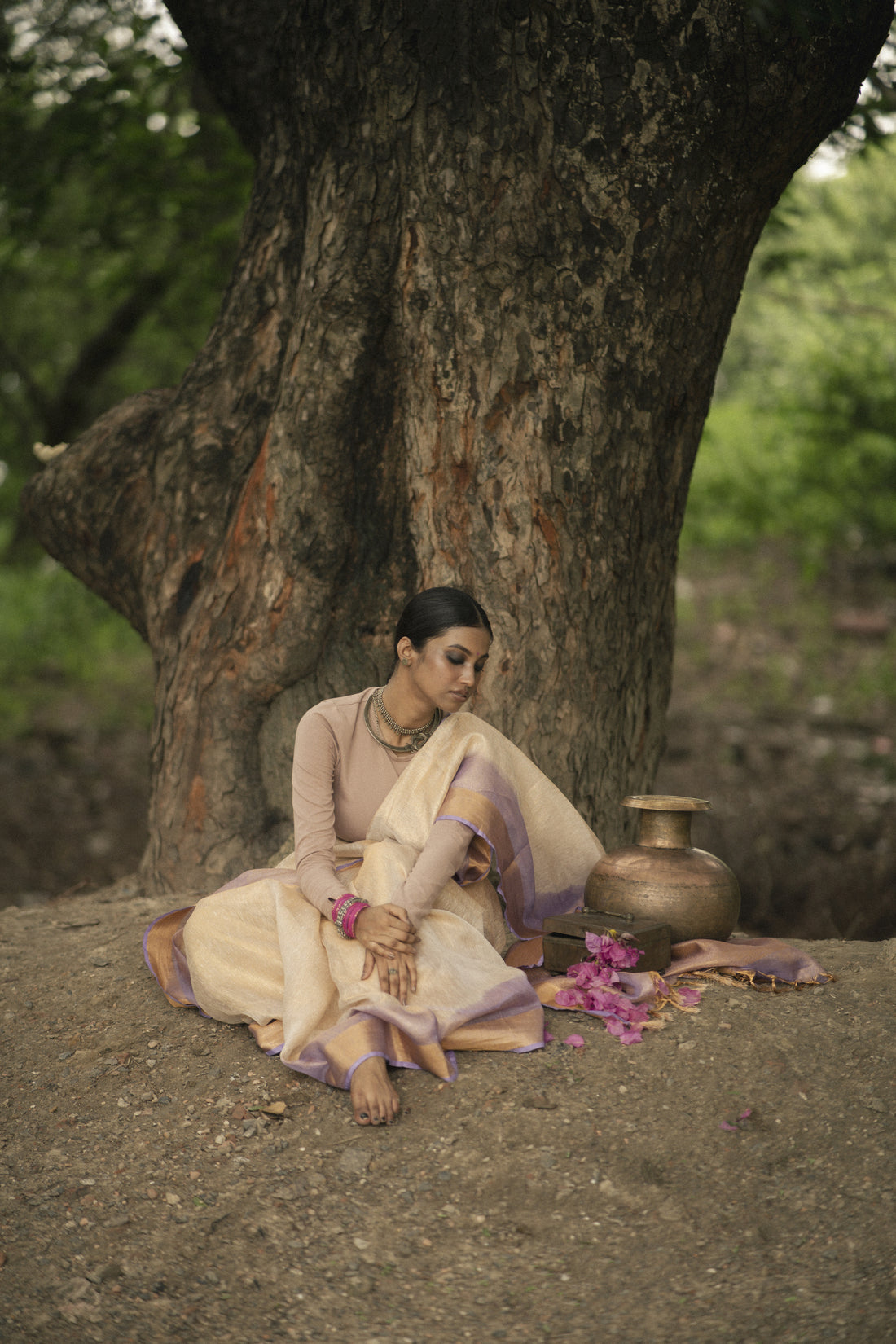 Chakori Beige & Lavender Tie Dye Tissue Linen Sari