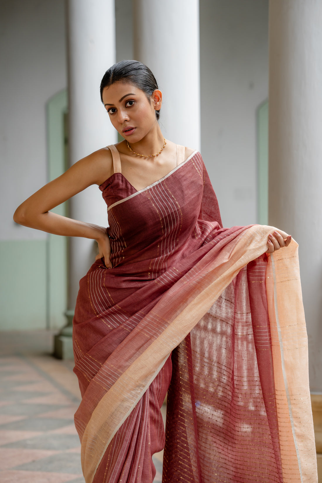 Ramya Beige Coffee  Ombre Linen Sari