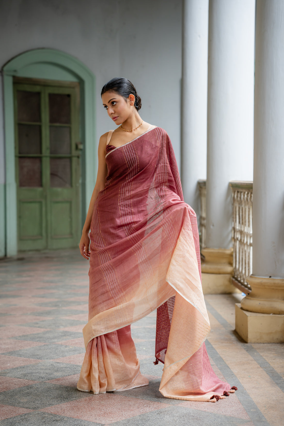 Ramya Beige Coffee  Ombre Linen Sari