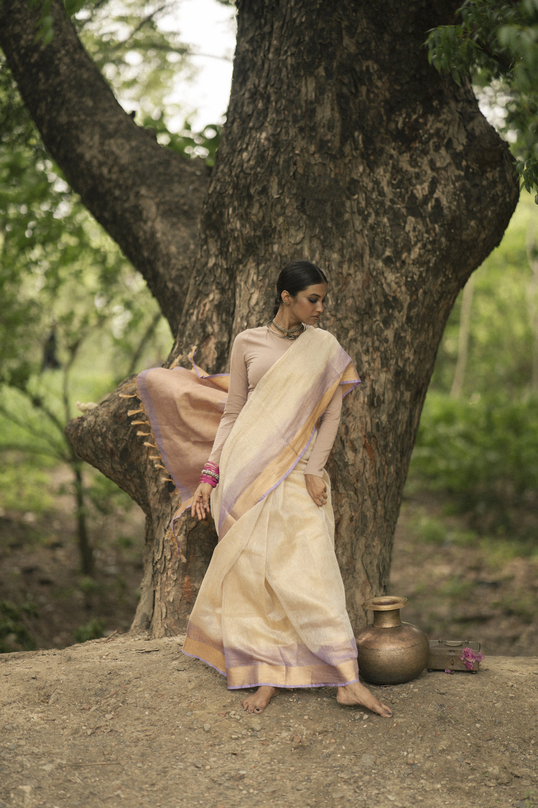 Chakori Beige & Lavender Tie Dye Tissue Linen Sari