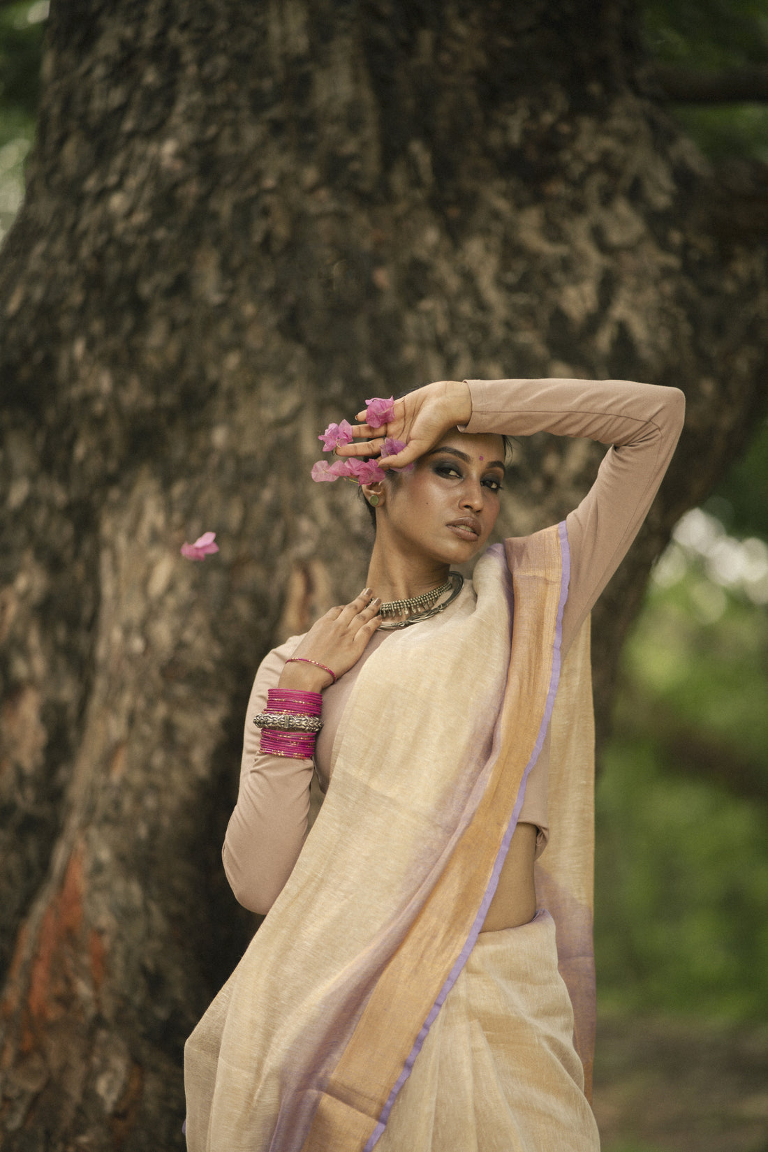 Chakori Beige & Lavender Tie Dye Tissue Linen Sari