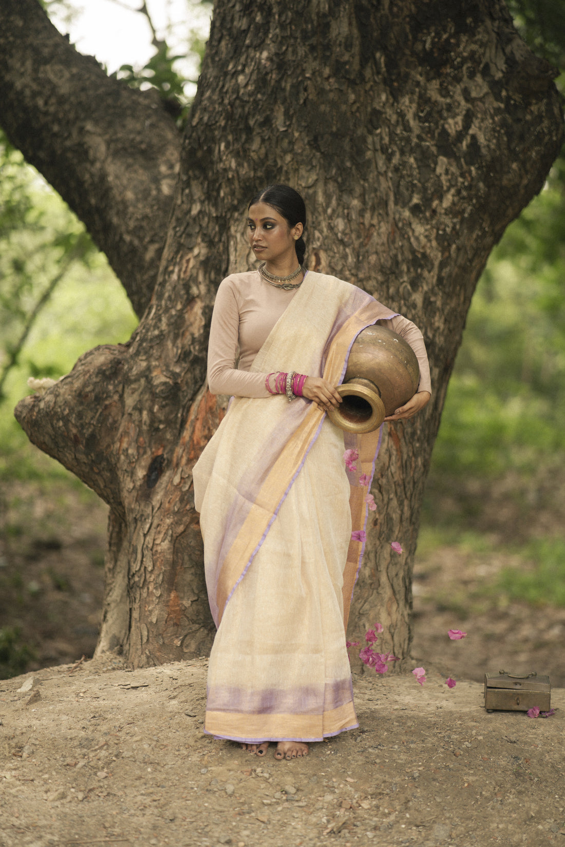 Chakori Beige & Lavender Tie Dye Tissue Linen Sari