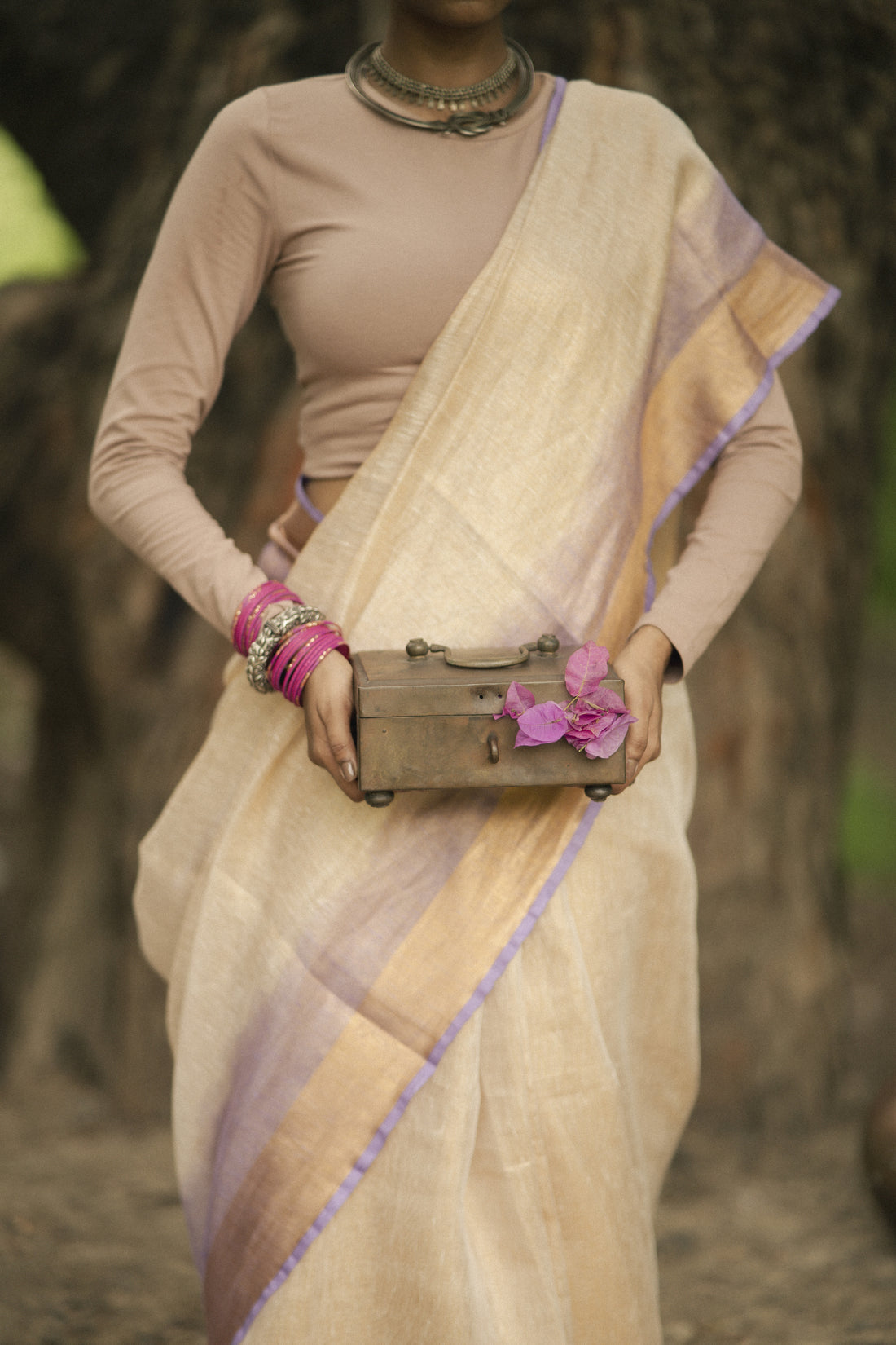 Chakori Beige & Lavender Tie Dye Tissue Linen Sari