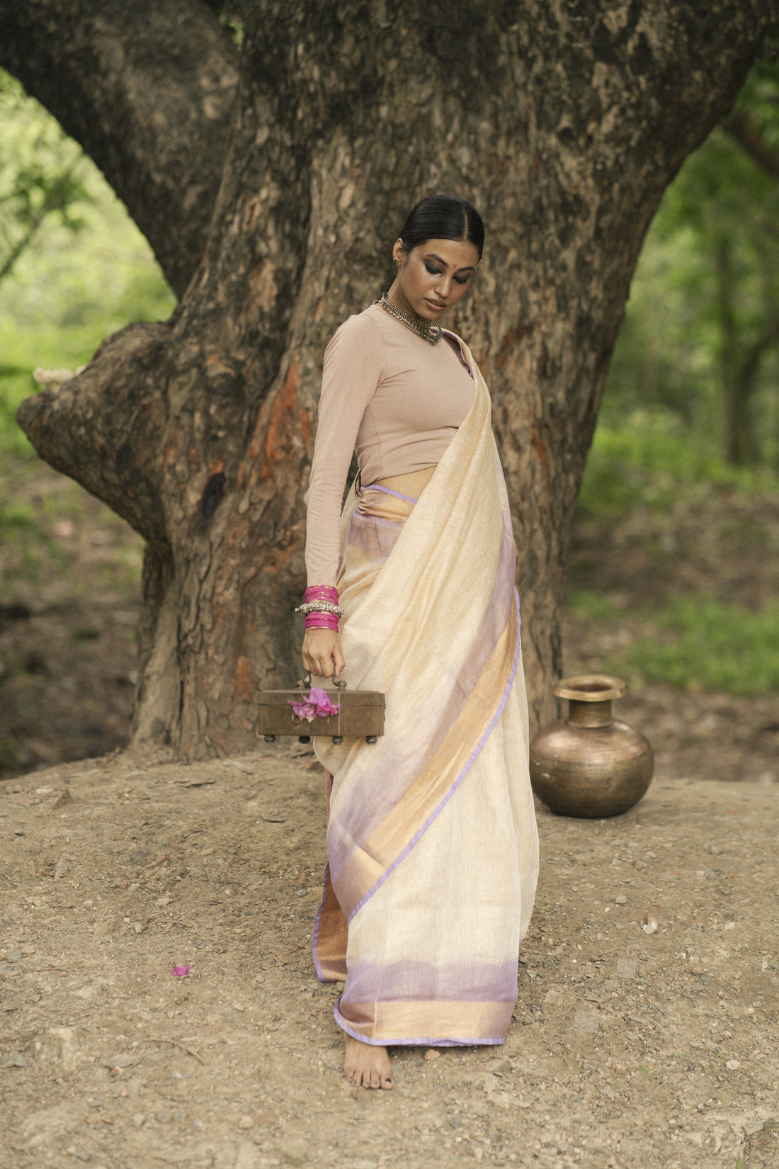 Chakori Beige & Lavender Tie Dye Tissue Linen Sari