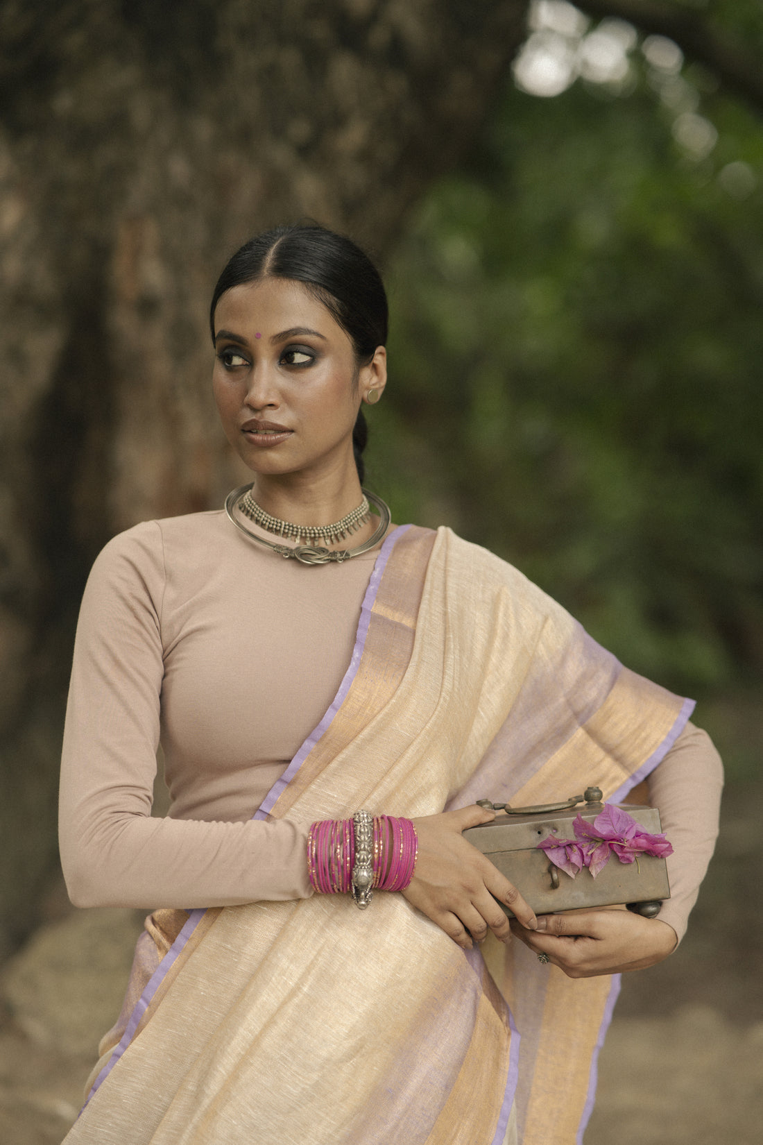 Chakori Beige & Lavender Tie Dye Tissue Linen Sari