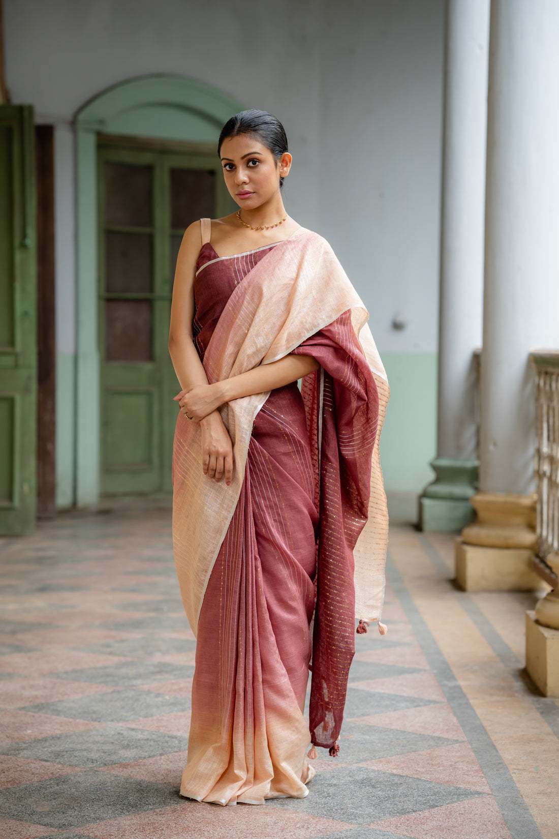 Ramya Beige Coffee  Ombre Linen Sari