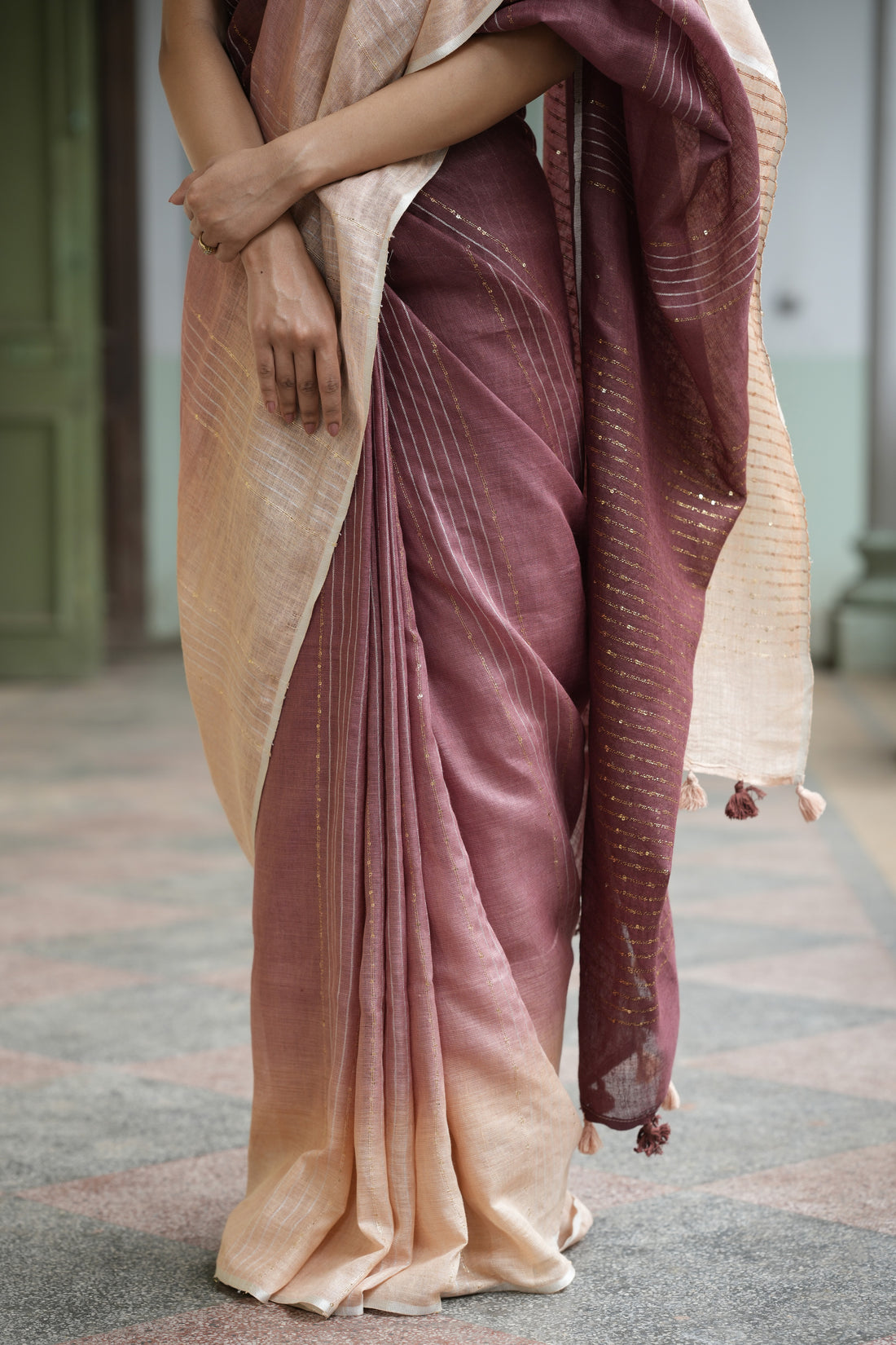 Ramya Beige Coffee  Ombre Linen Sari