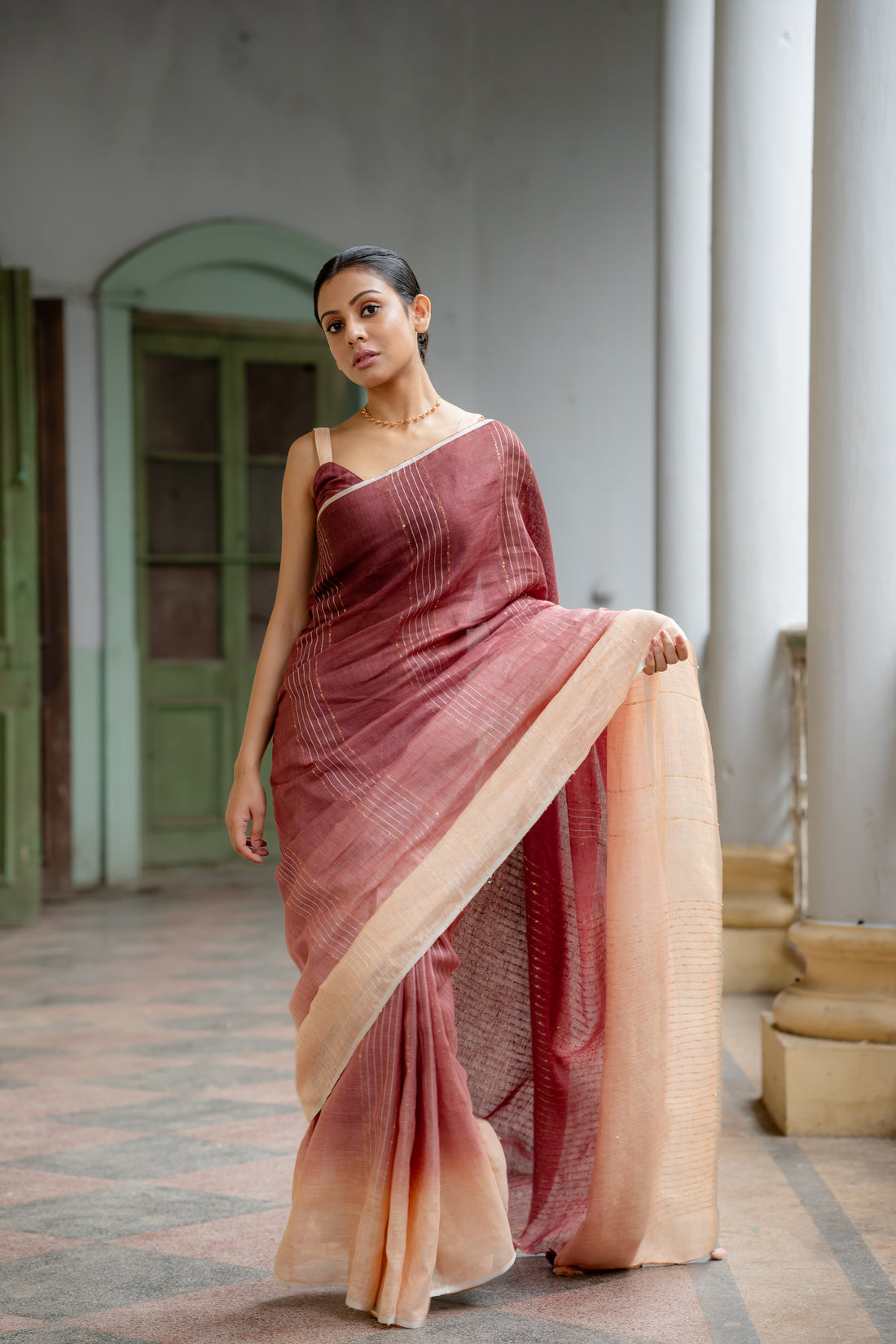 Ramya Beige Coffee  Ombre Linen Sari