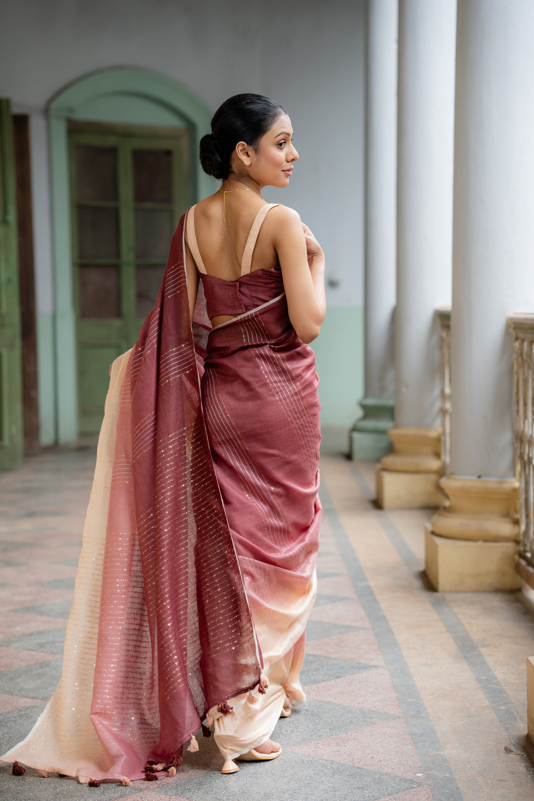 Ramya Beige Coffee  Ombre Linen Sari