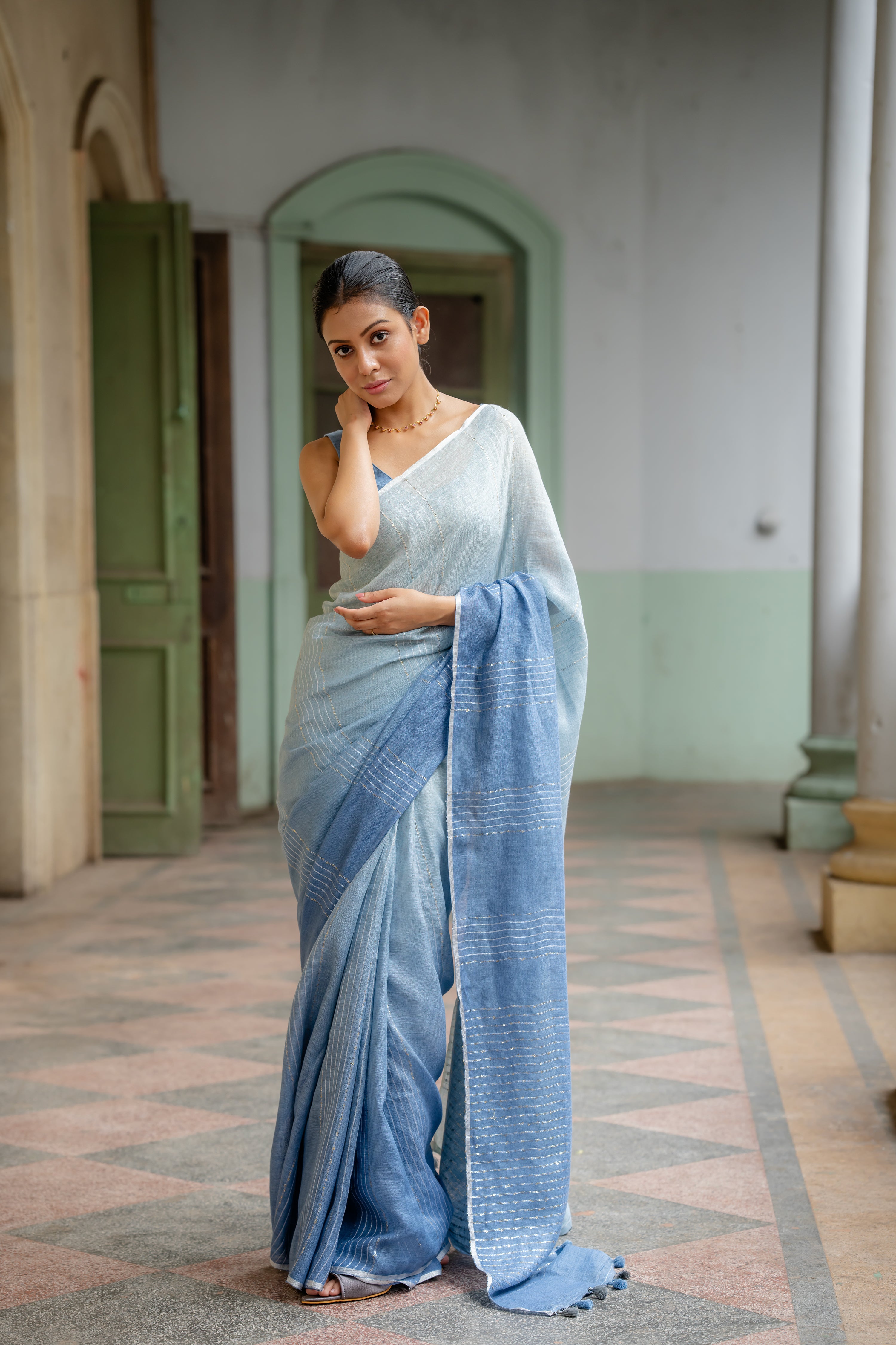 Sky Blue Linen Cotton Saree With Copper Zari Weaving Work at Rs 2199.00 | Linen  Saree | ID: 2851126661812