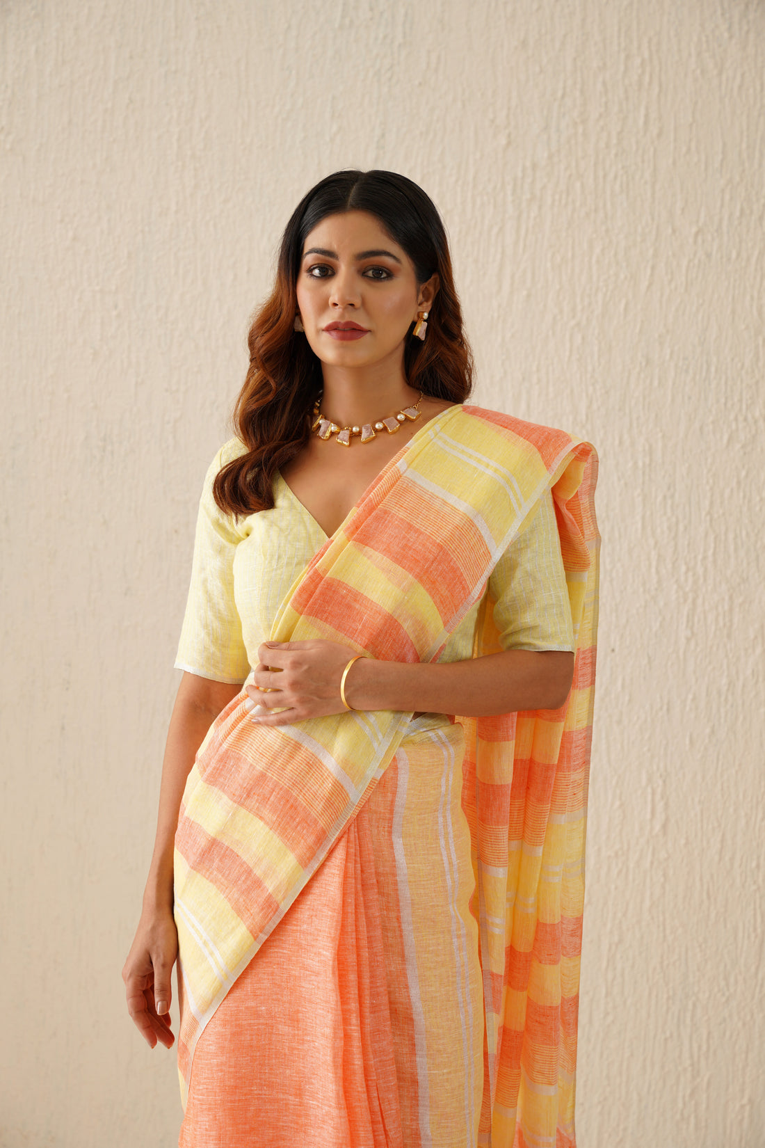 Pastel Yellow and Orange Stripes Handloom Linen Sari