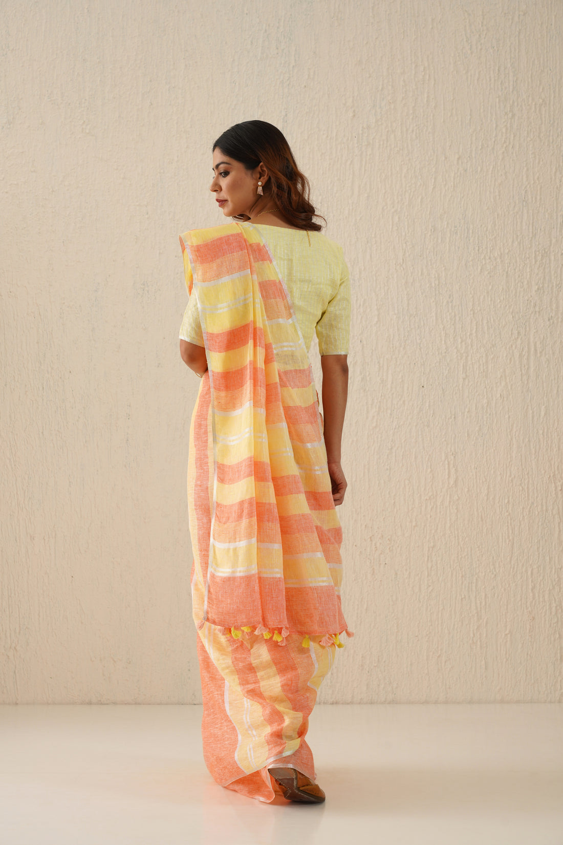 Pastel Yellow and Orange Stripes Handloom Linen Sari