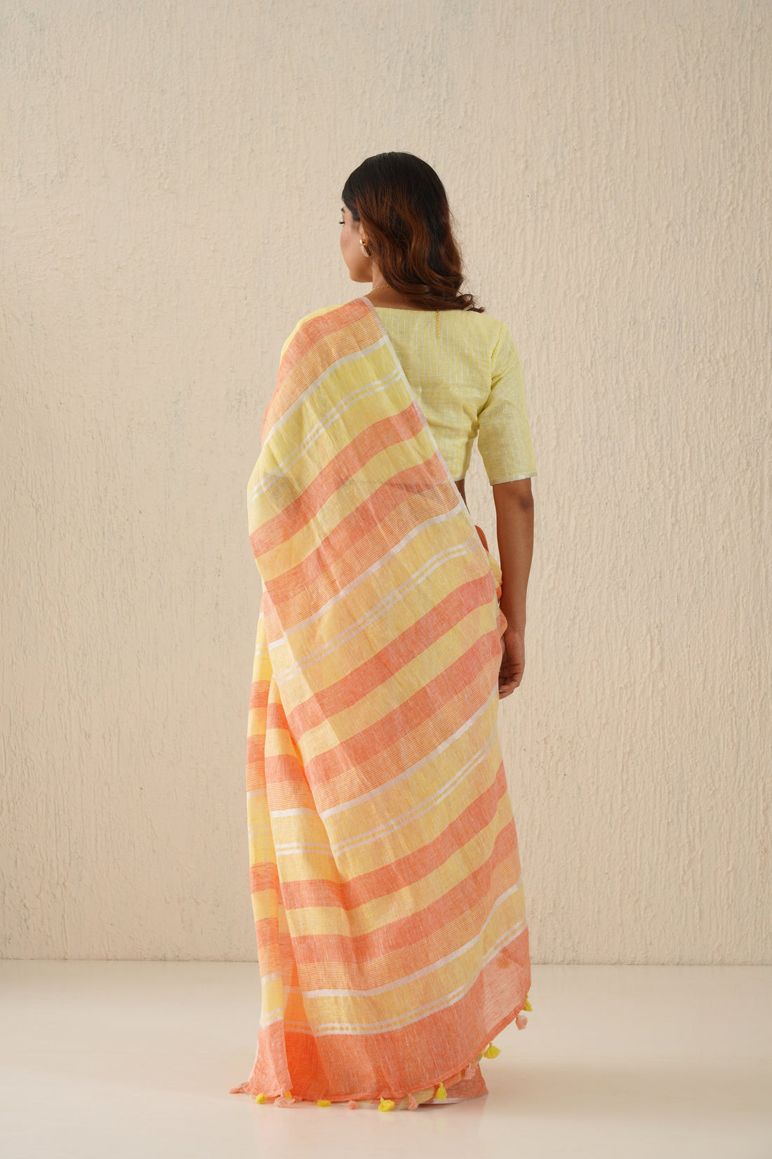 Pastel Yellow and Orange Stripes Handloom Linen Sari