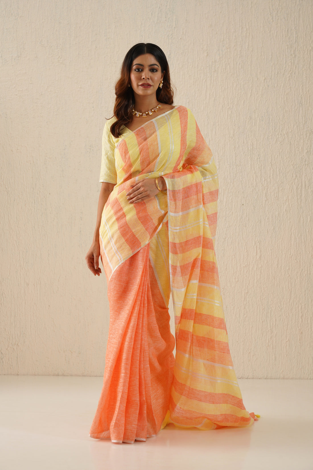 Pastel Yellow and Orange Stripes Handloom Linen Sari