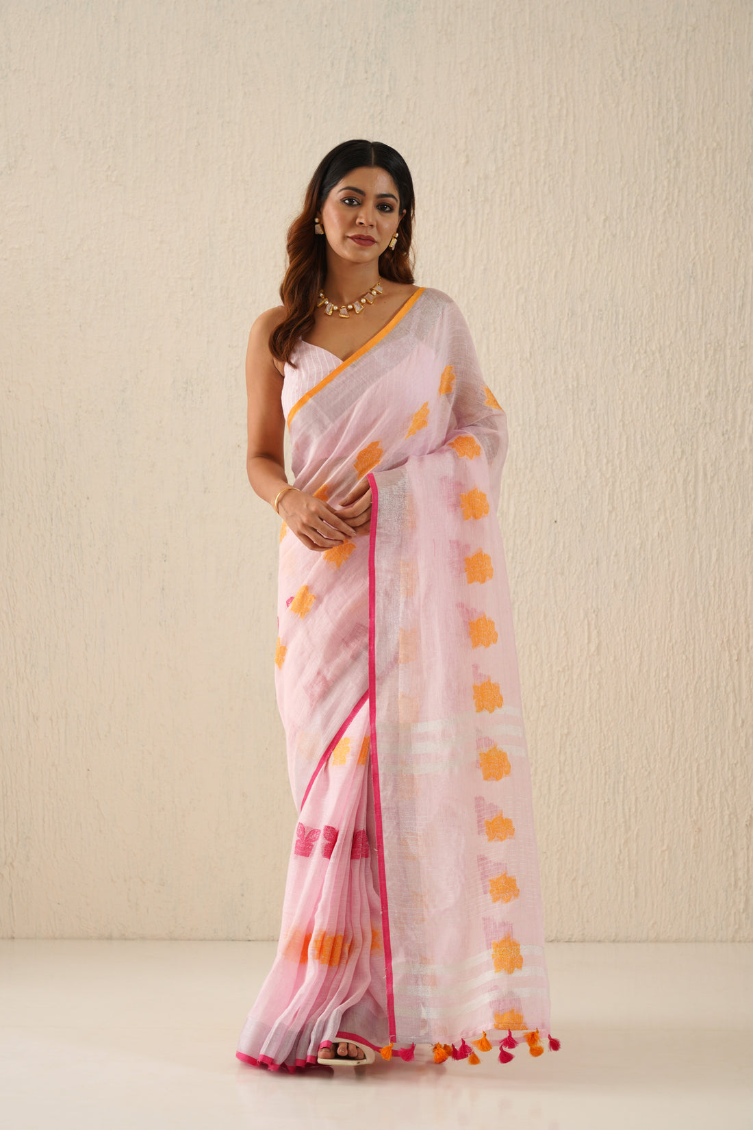 Navya Baby Pink Woven Linen Jamdani Sari