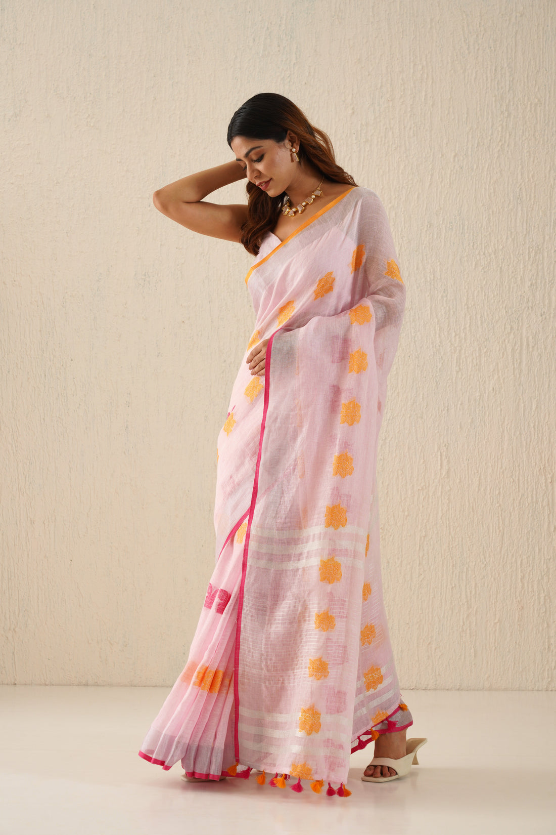 Navya Baby Pink Woven Linen Jamdani Sari