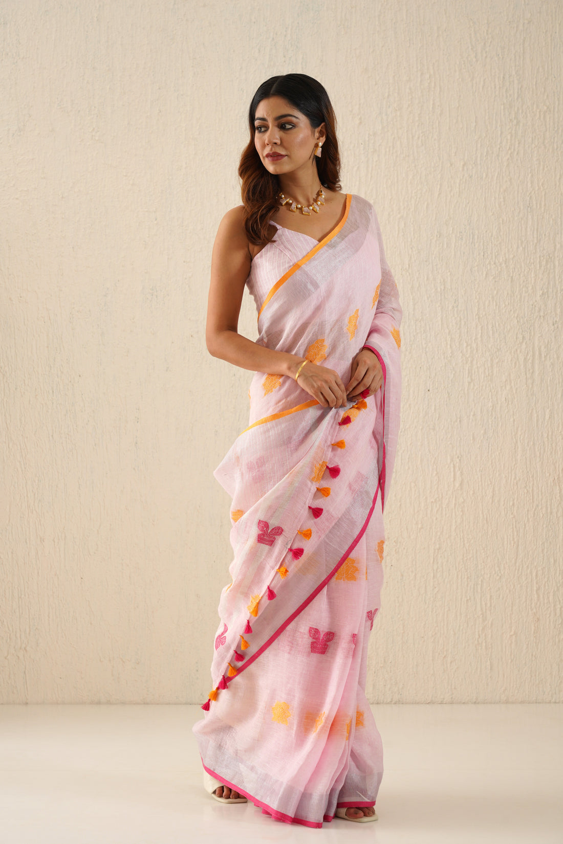 Navya Baby Pink Woven Linen Jamdani Sari